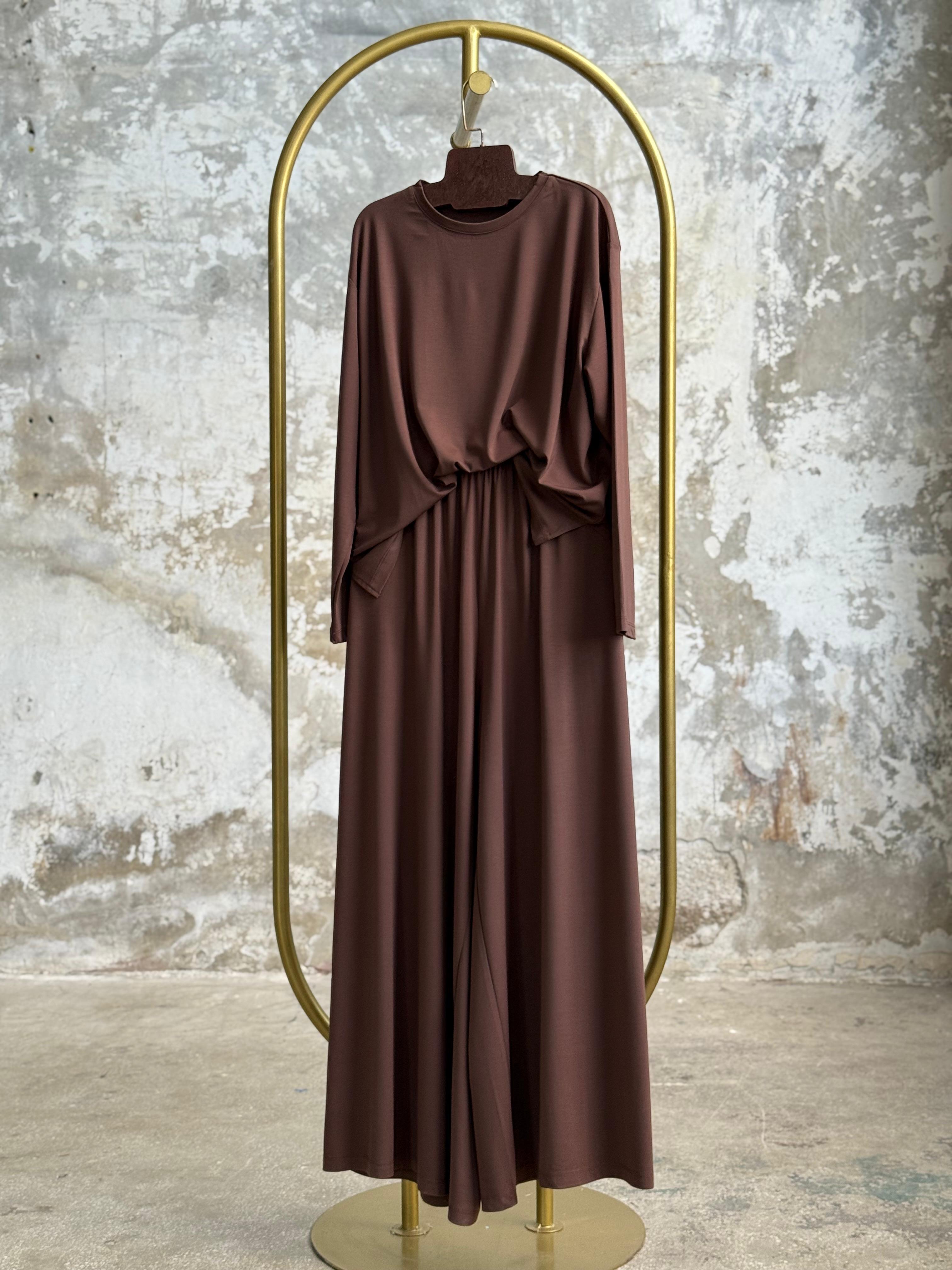 Oys Kumaş Oversize Bol Paçalı Takım (Kahve)