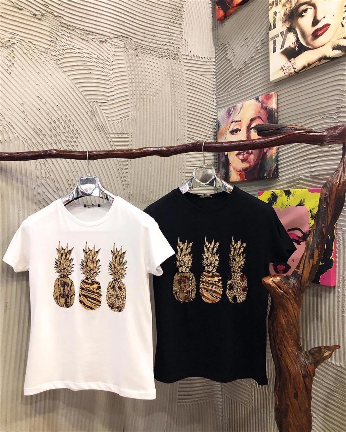 Özel El kristal Taş İşçilikli Ananas Tshirt (BEYAZ & SİYAH)