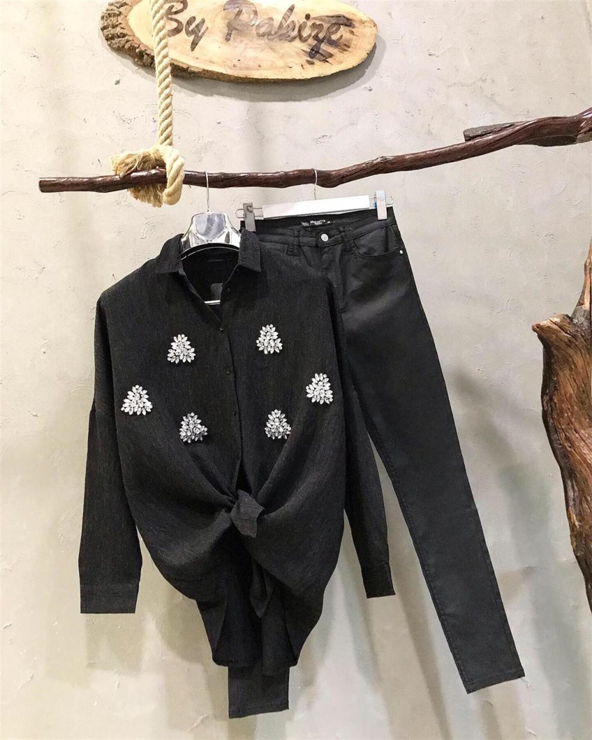 Özel Kristal Taş El İşçilikli Oversize Gömlek (KOYU ANTRASİT)