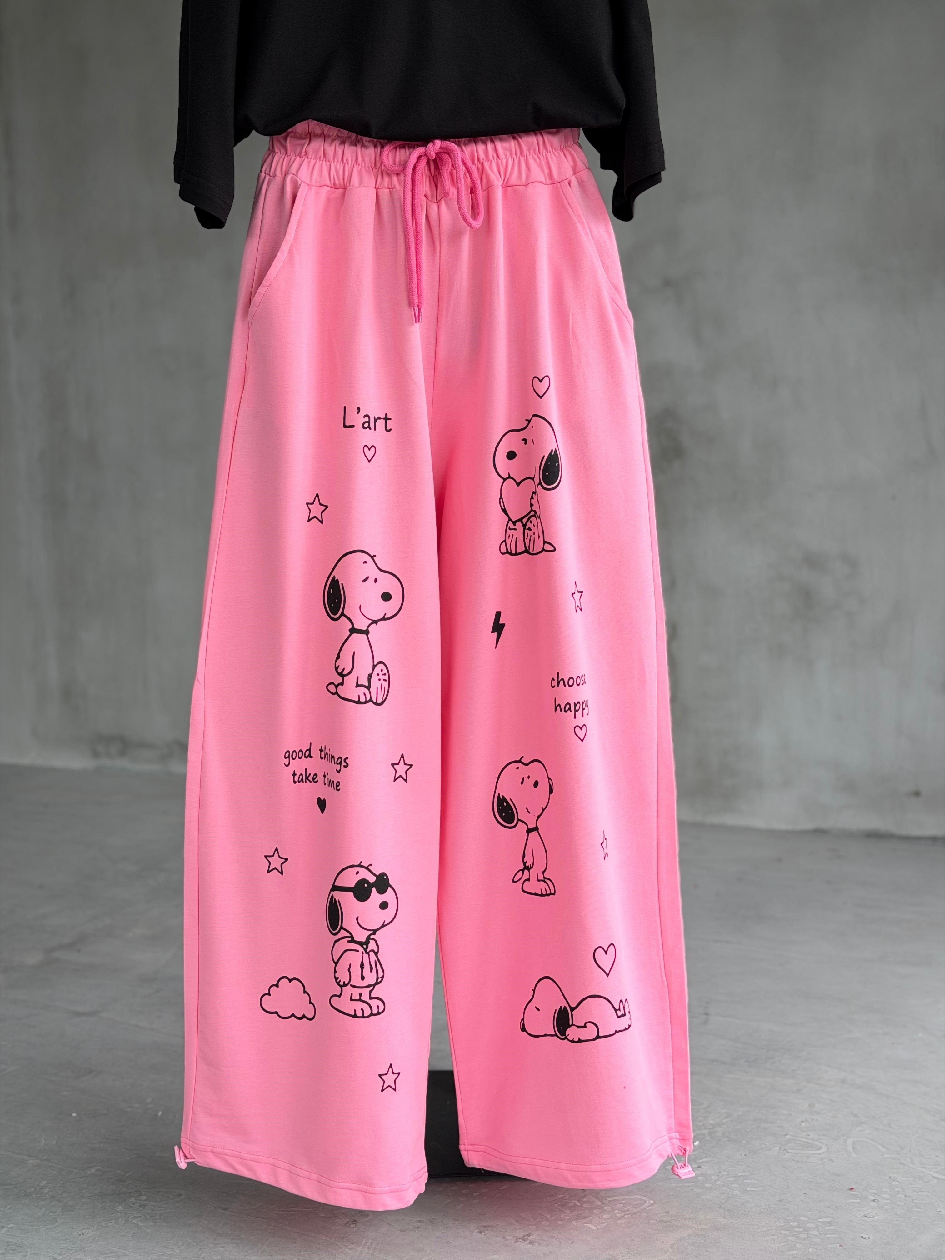 Özel Tasarım Snoopy Desenli Pantolon (Pembe)