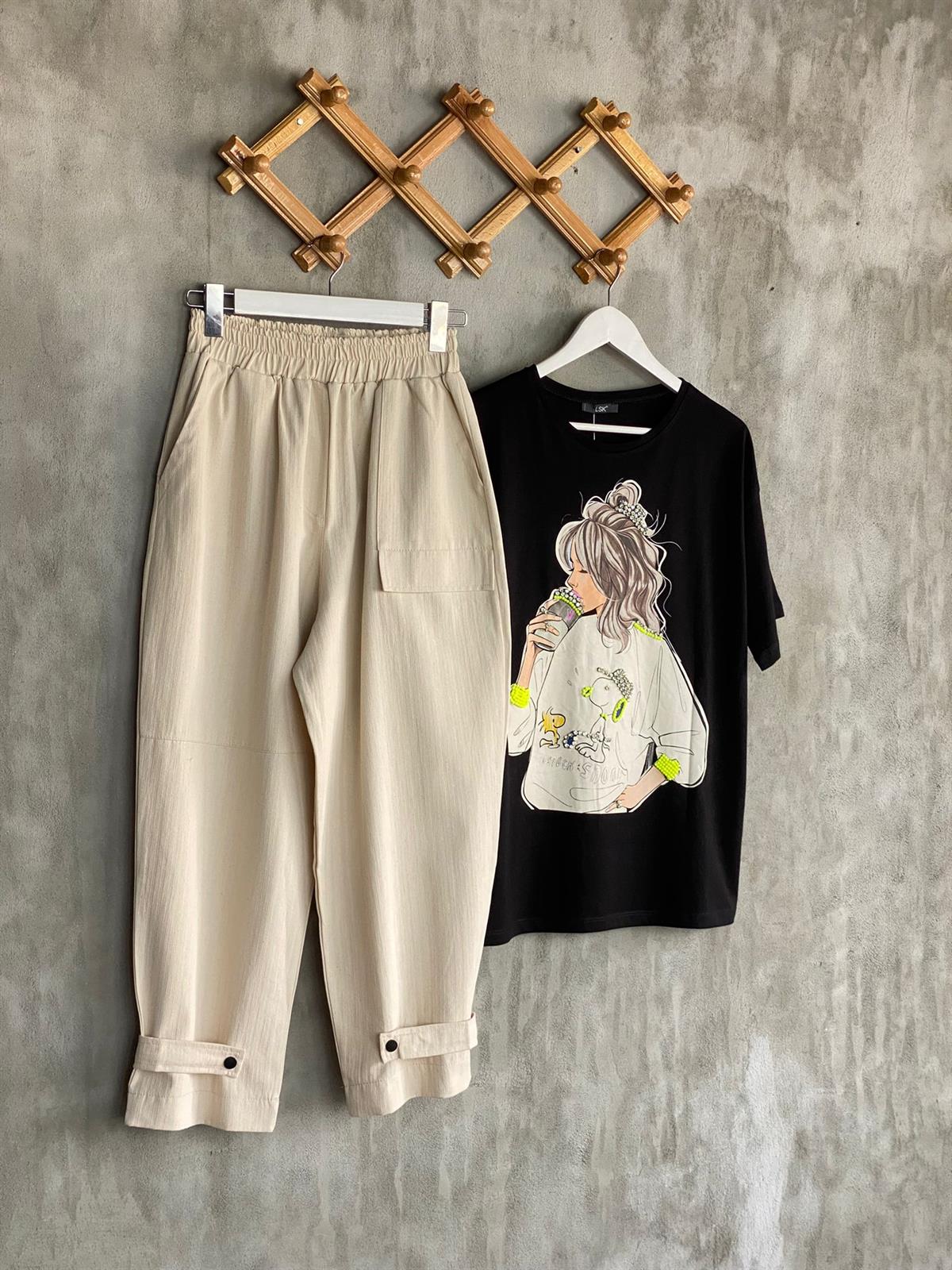 Paçası Çıtçıt Detaylı Yumuşak Gabardin Kumaş Pantolon (Bej)