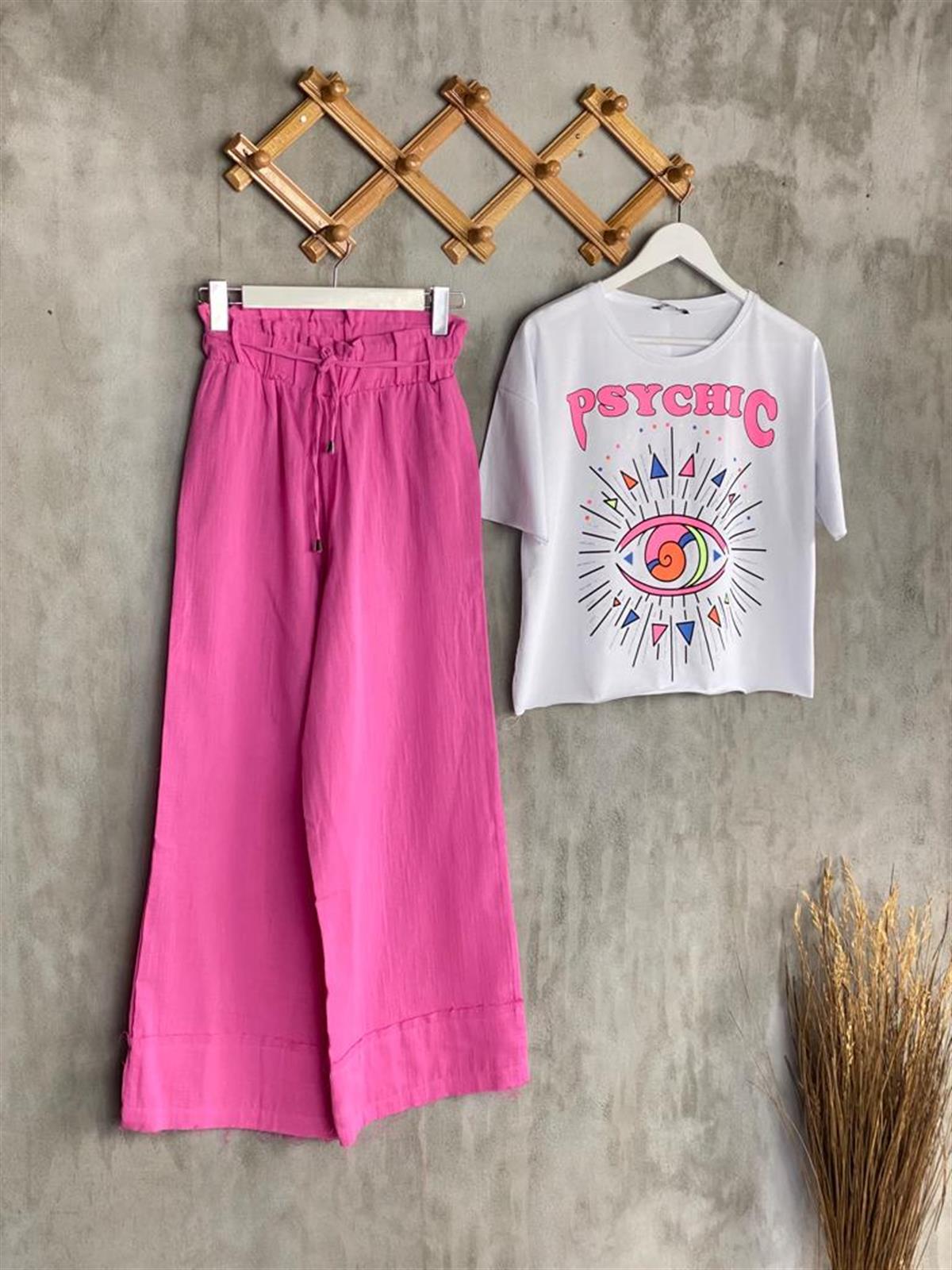 Paçası Lazer Kesimli Müslin Kumaş Pantolon (Pembe)