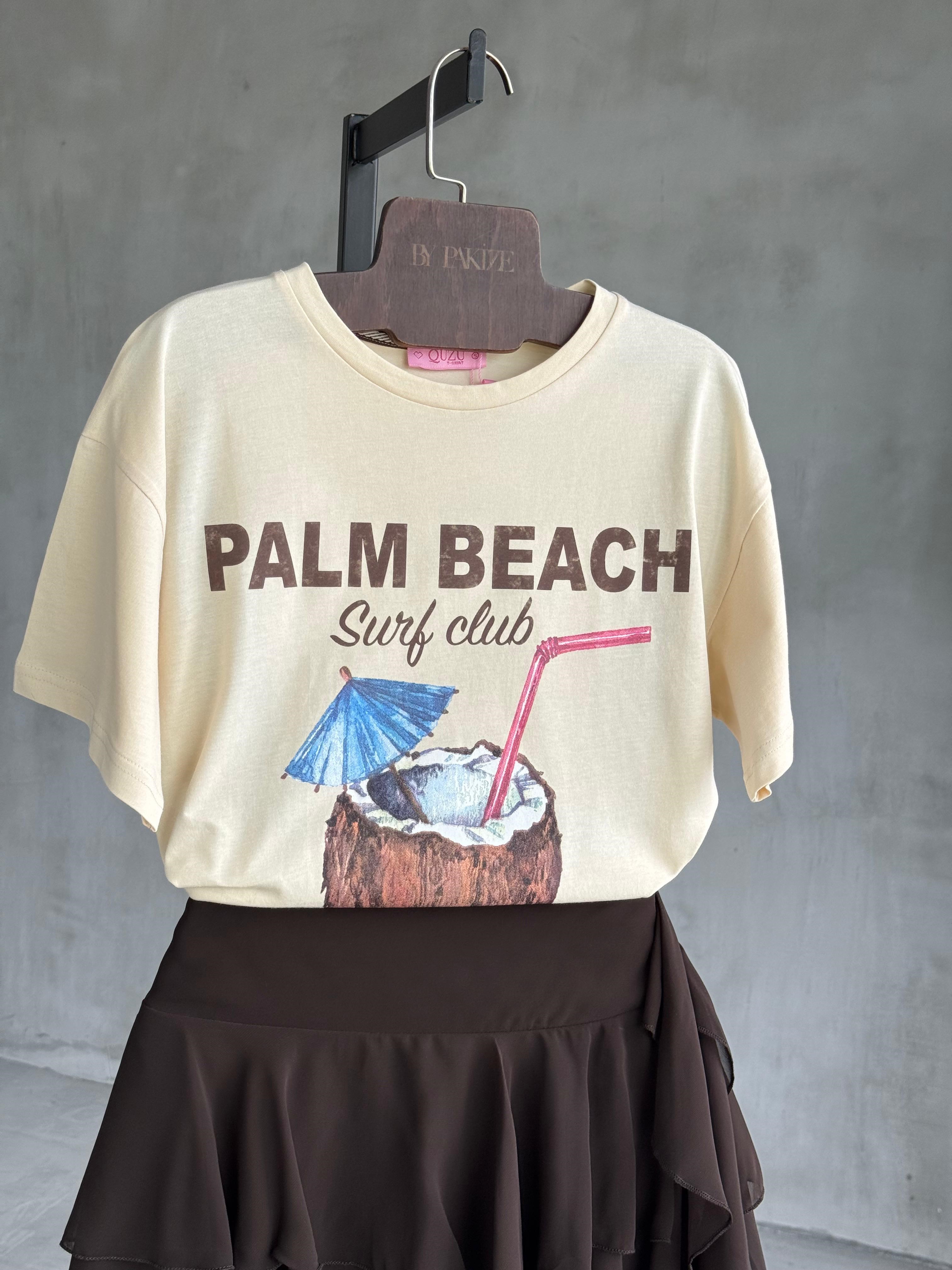 Palm Beach Coconut Baskılı Tişört (Krem)