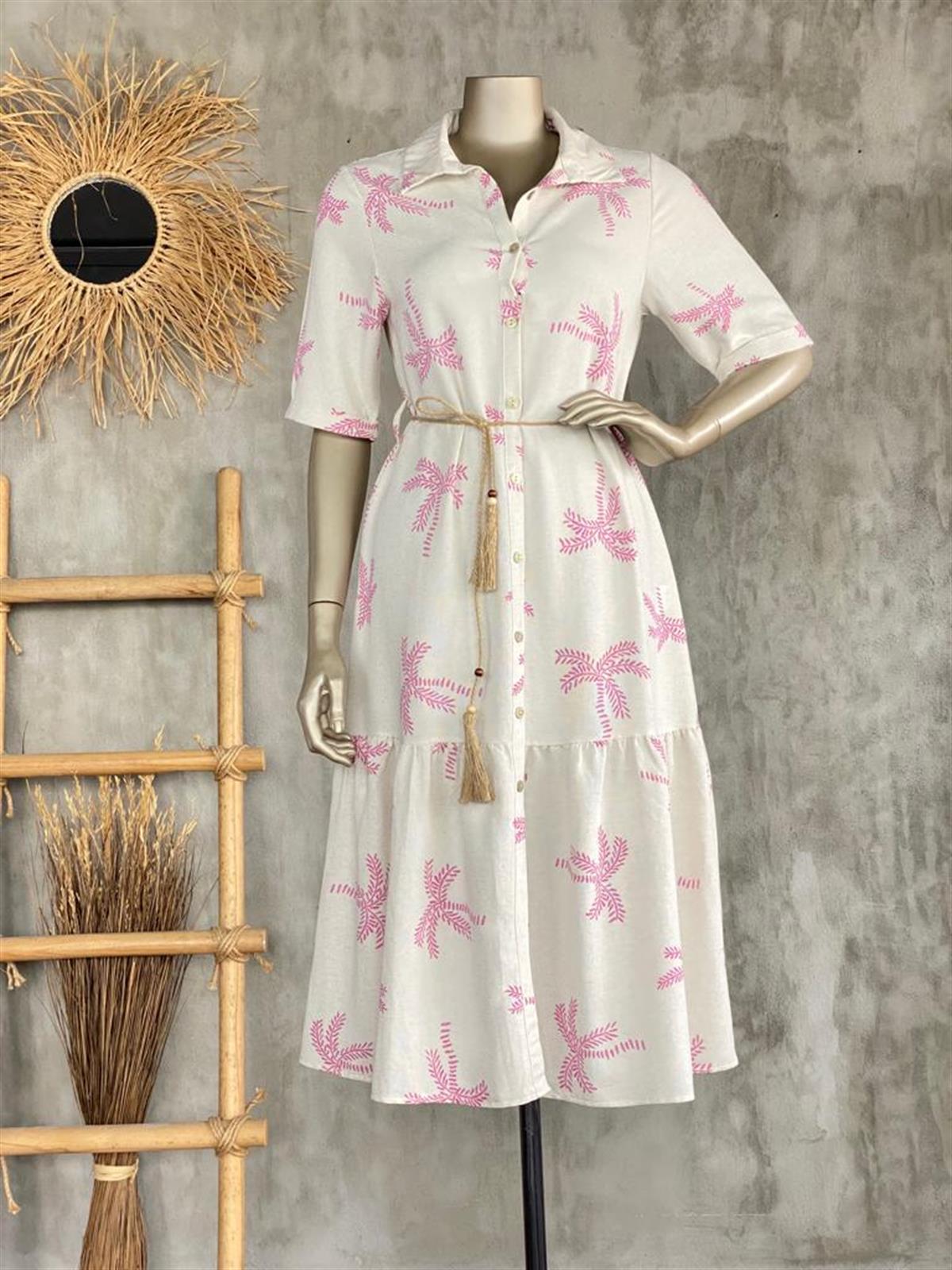 Palmiye Desenli Keten Gömlek Elbise (Pembe)