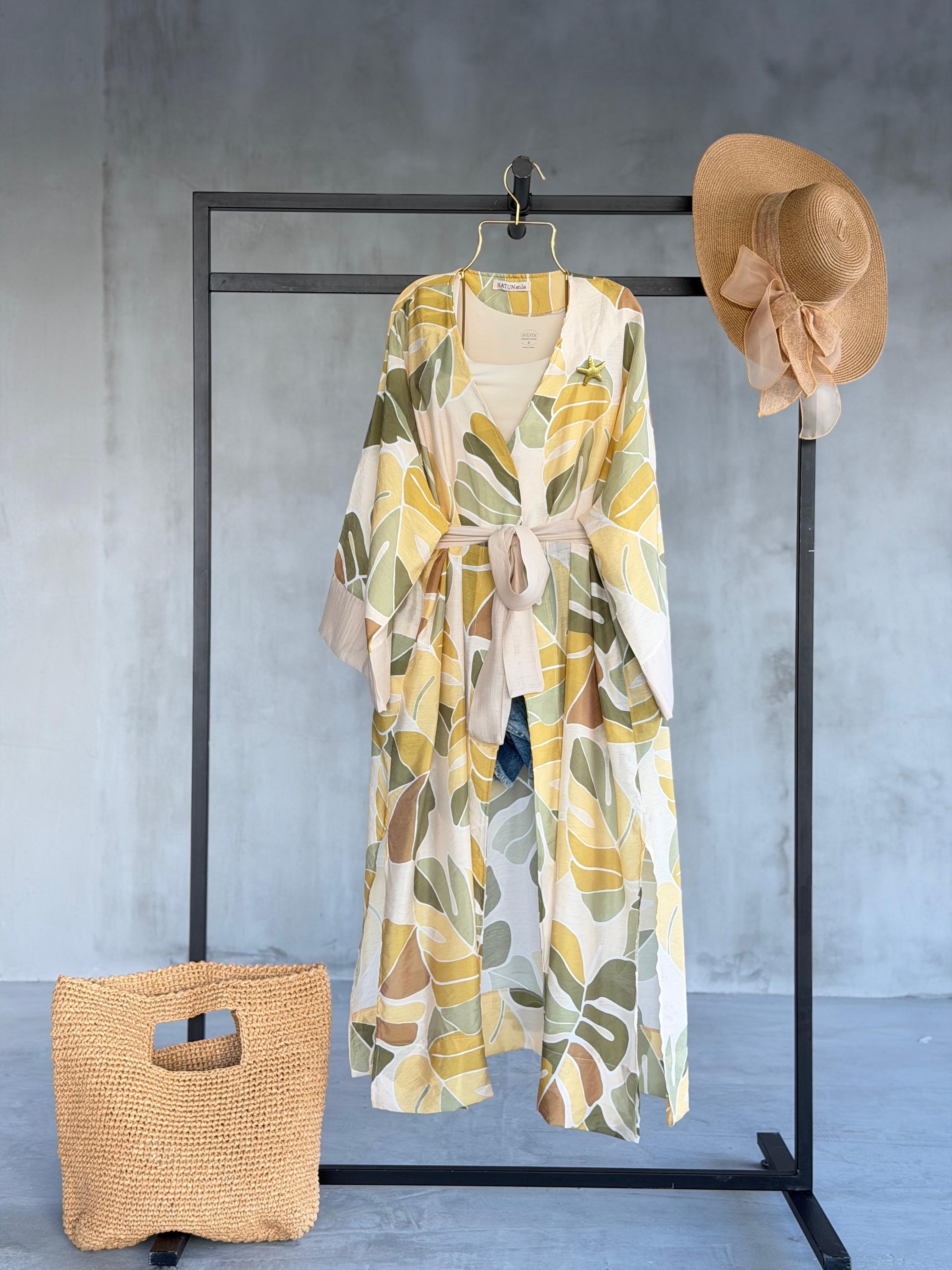 Palmiye Yaprak Desenli Kuşaklı Kimono (Sarı)