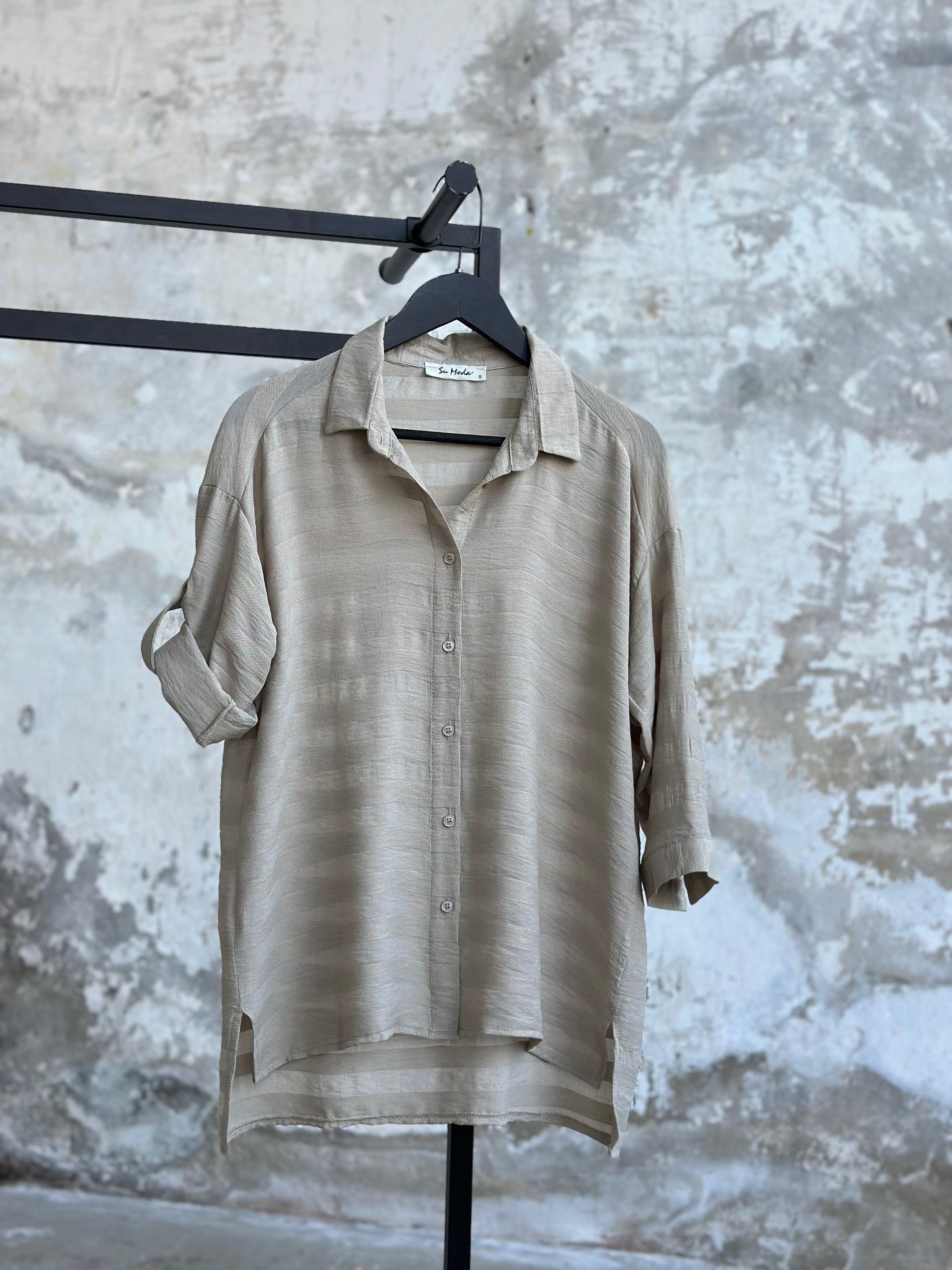 Pamuk Keten Oversize Gömlek (Camel)