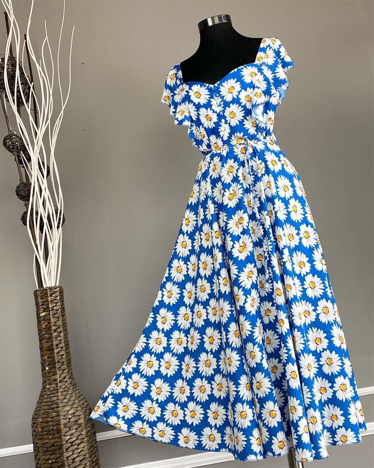 Papatya Desen Kolları Volanlı Elbise (Mavi)