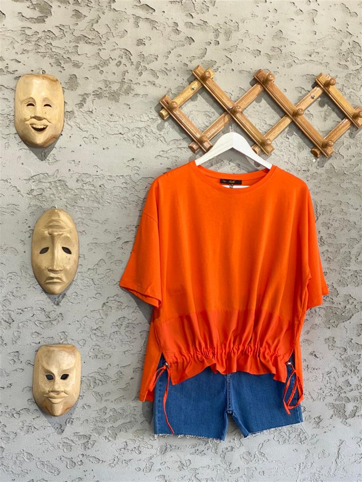 Paraşüt Kumaş Ön Büzgülü Tshirt (Oranj)