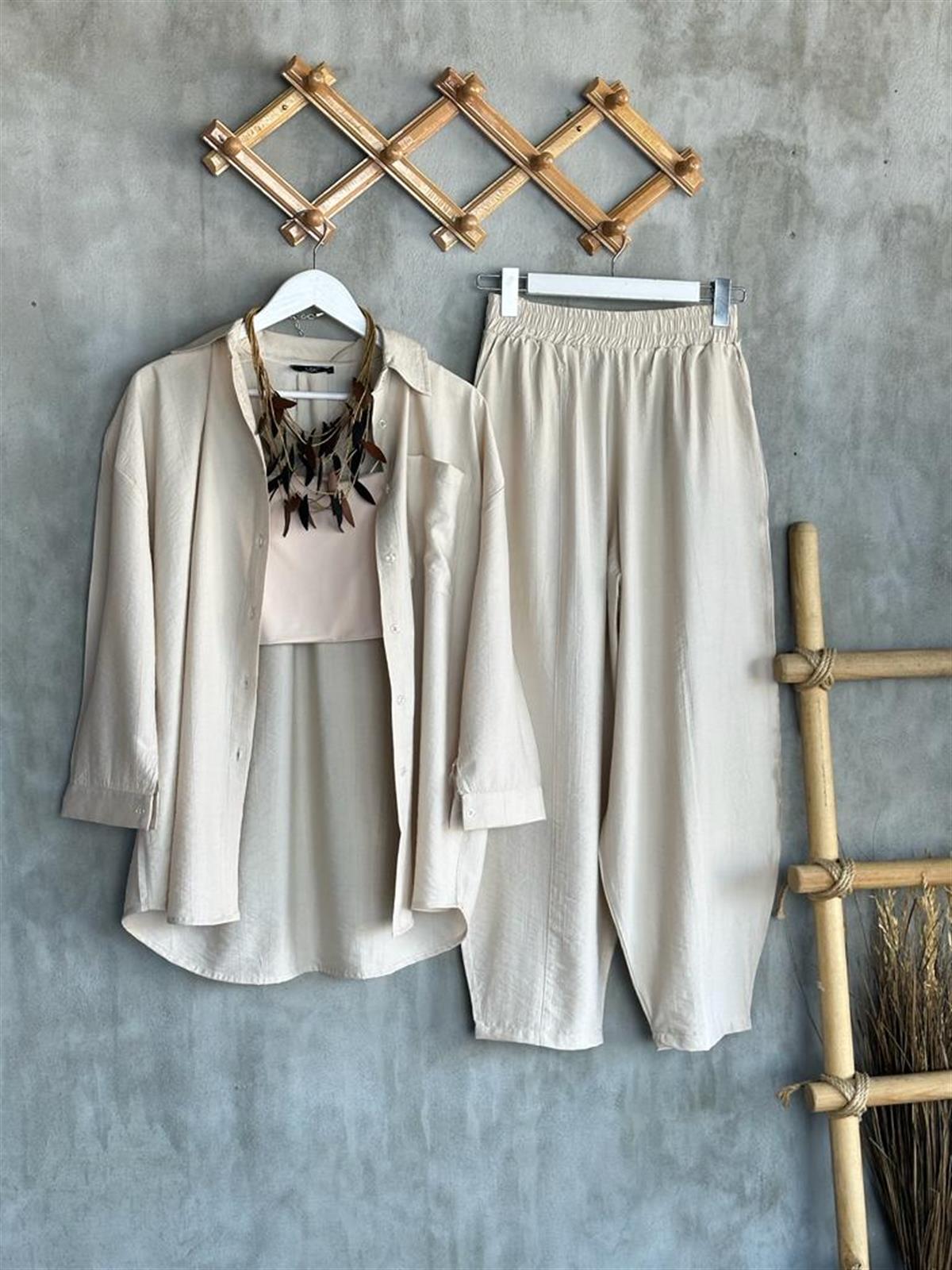 Paraşüt Kumaş Şalvar Pantolonlu Takım (Taş)