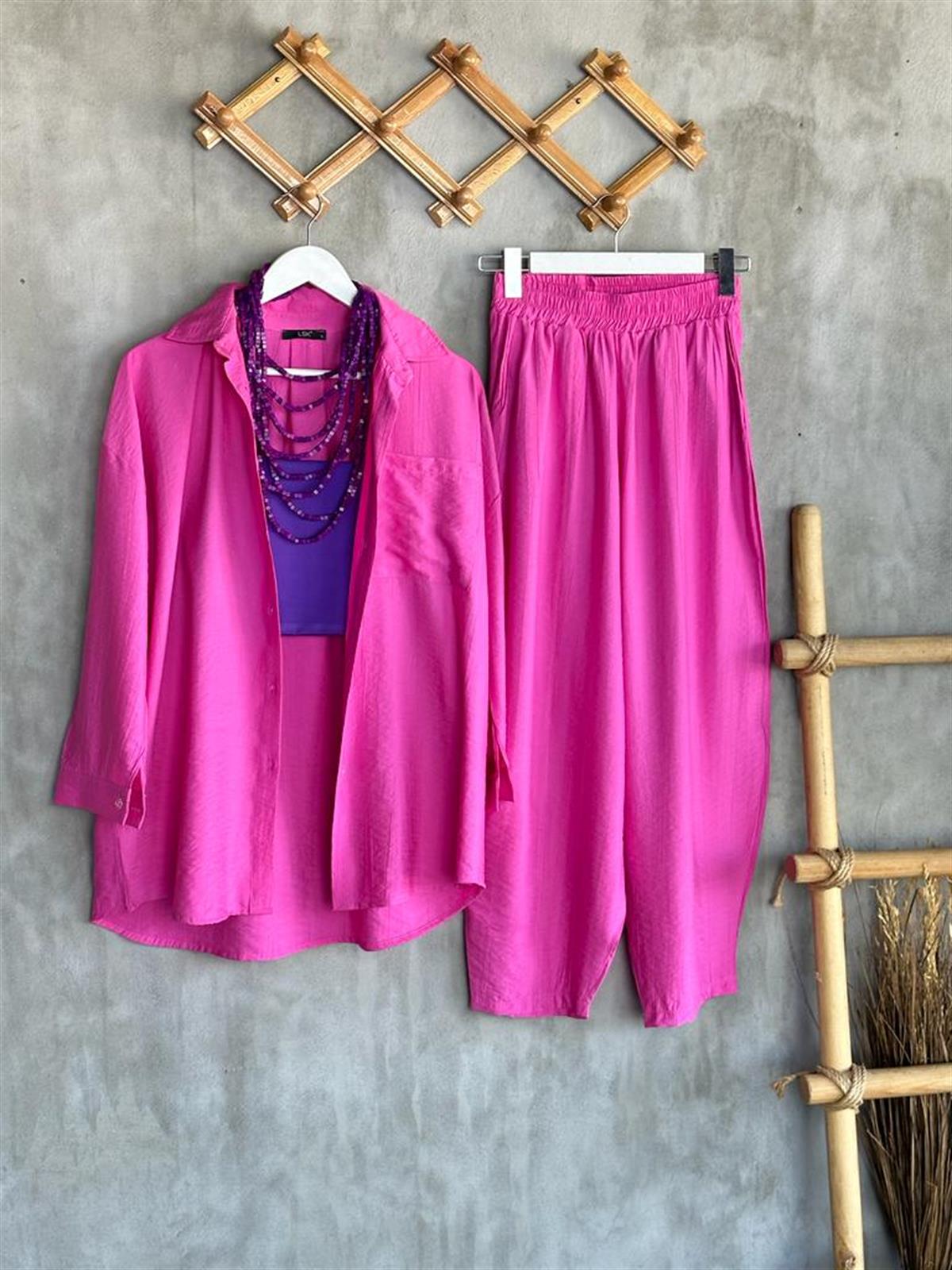 Paraşüt Kumaş Şalvar Pantolonlu Takım (Pembe)