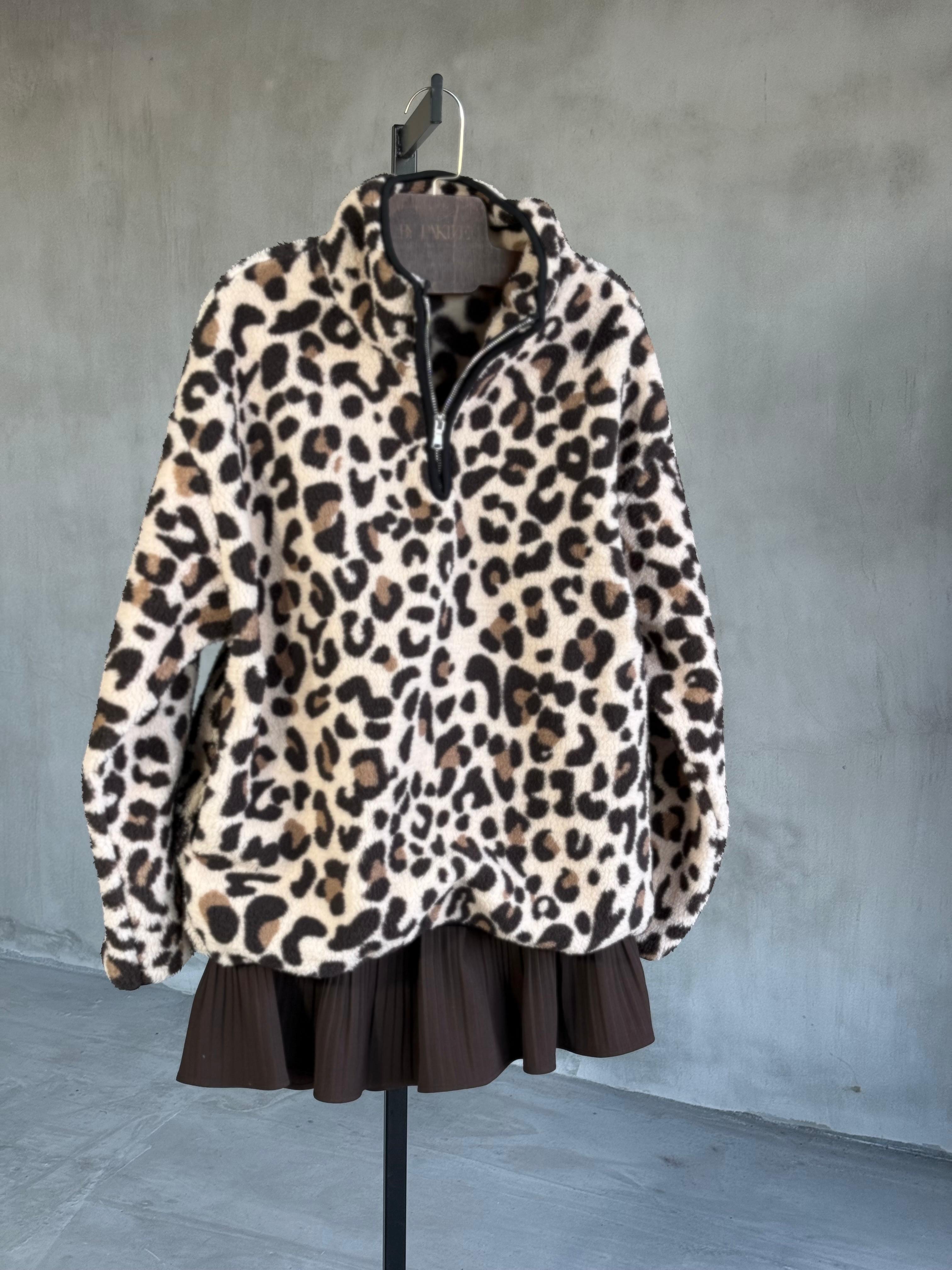 Peluş Leopar Desenli Kazak (Kahverengi)