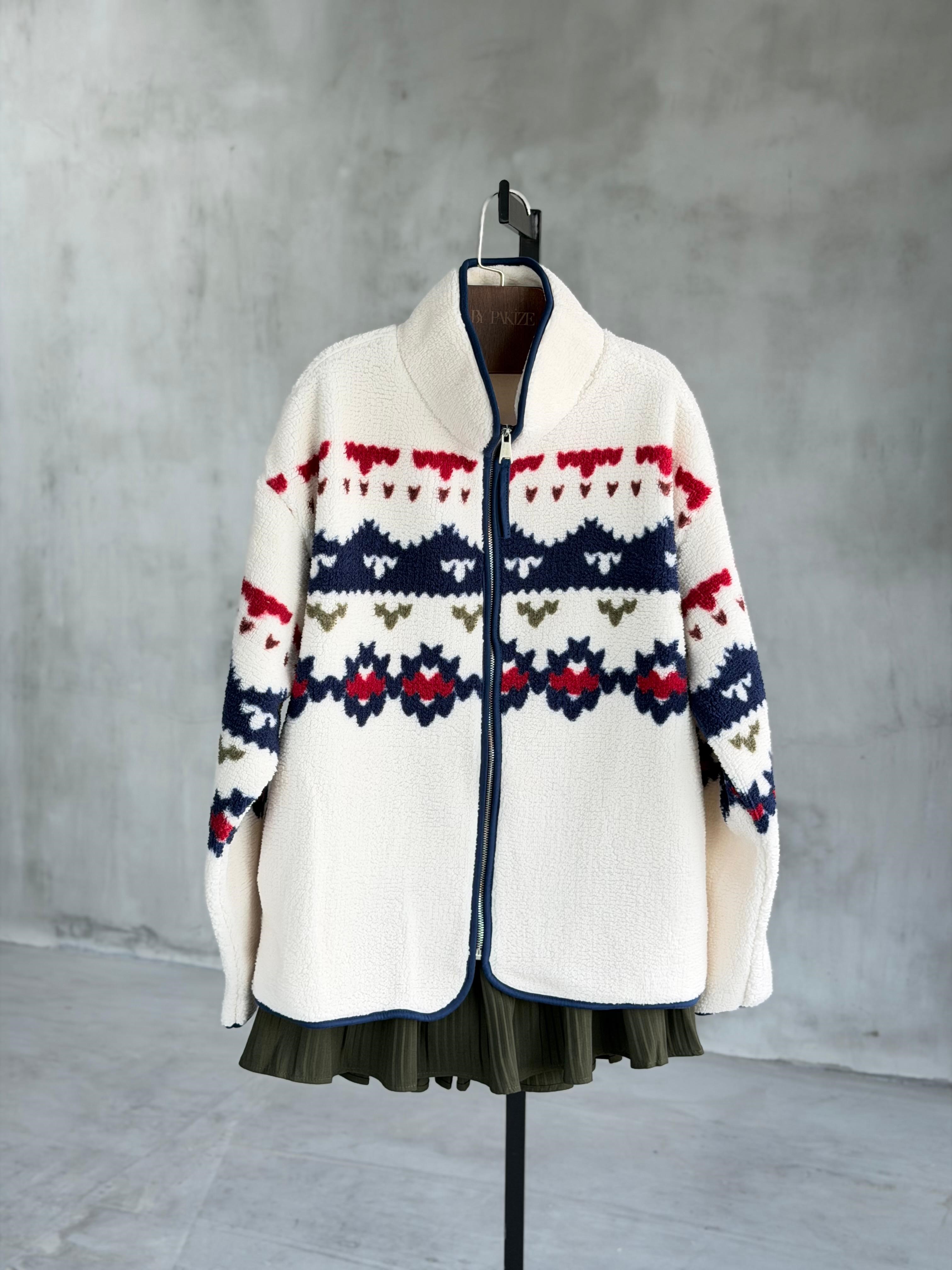 Peluş Teddy Kilim Desenli Cepli Ceket (Lacivert)
