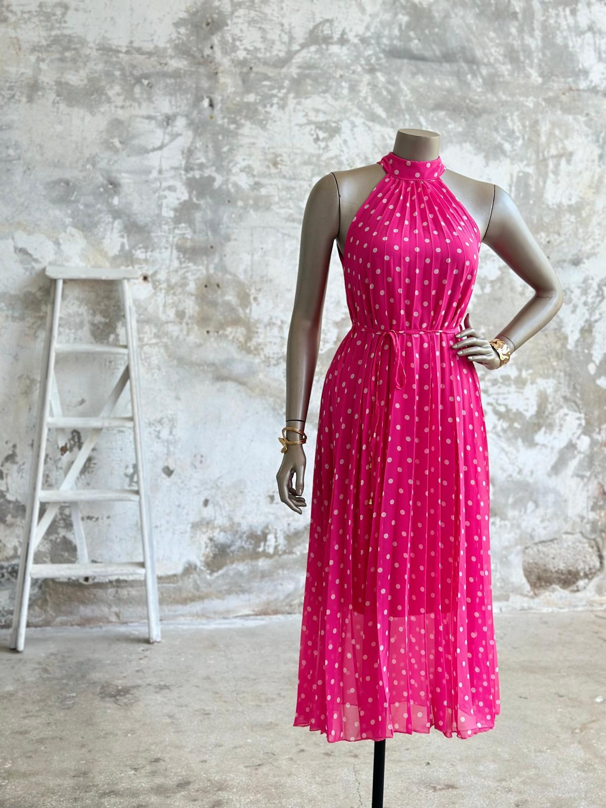 Piliseli Halter Yaka Puantiyeli Şifon Elbise (Pembe)