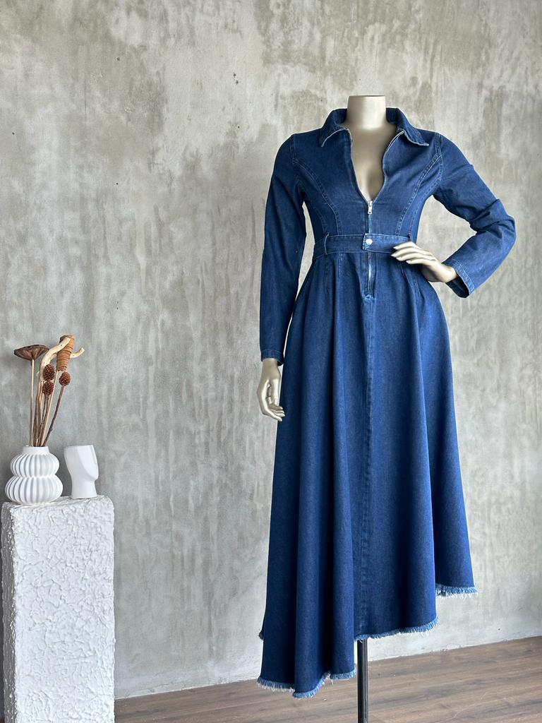 Polo Yaka Altı Asimetrik Kesim Kuşaklı Denim Elbise (Lacivert)