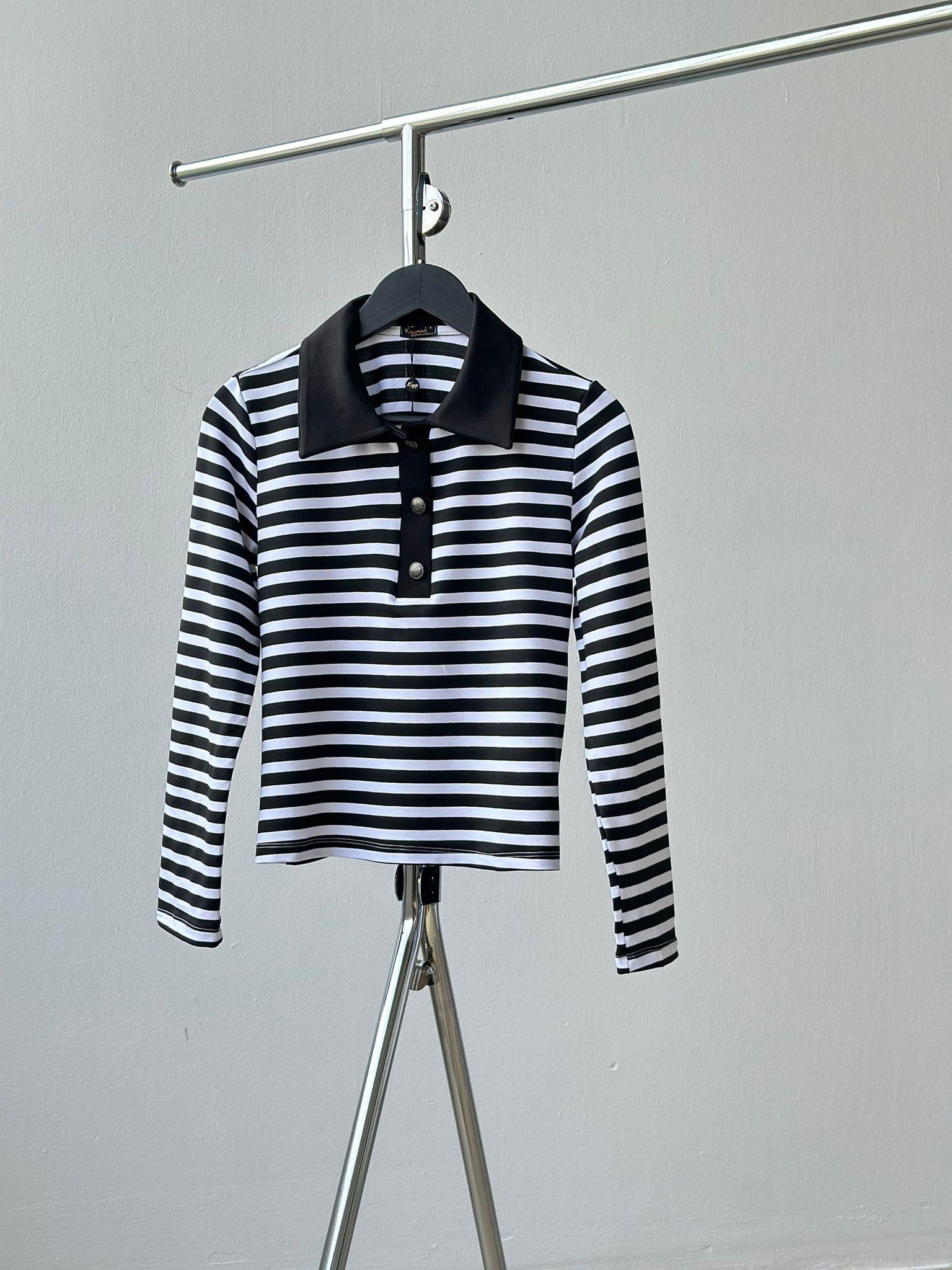 Polo Yaka Çizgili Sweat (Siyah)