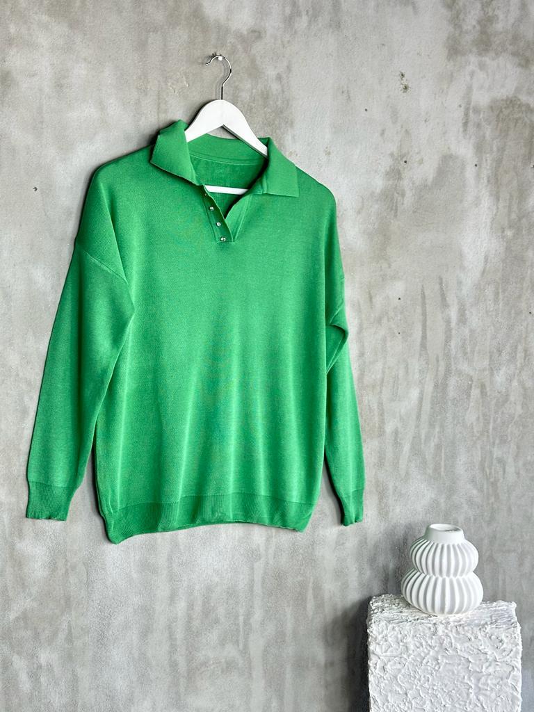 Polo Yaka Kristal Taş İşçilikli Merserize Kadın Kazak (Benetton Yeşili)