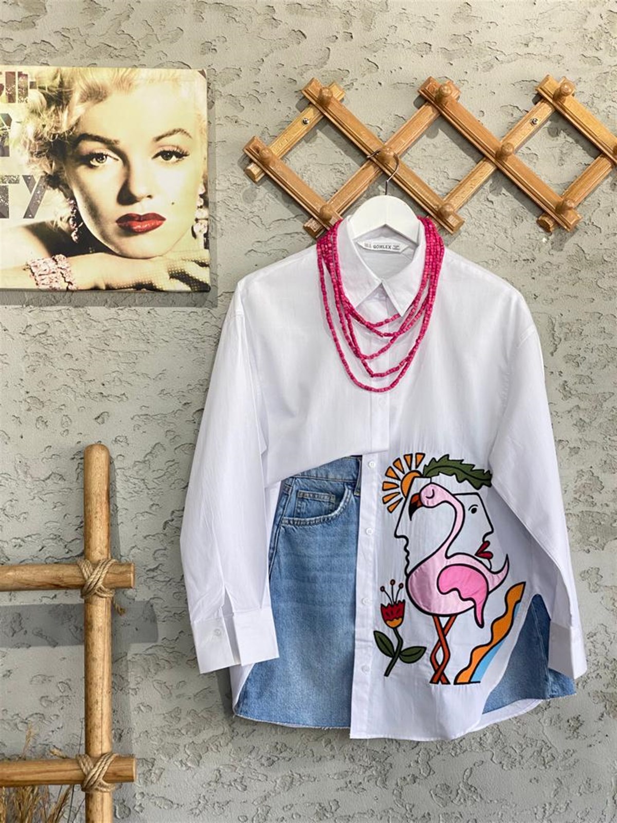 Poplin Dokuma Nakışlı Flamingo Gömlek (Beyaz)
