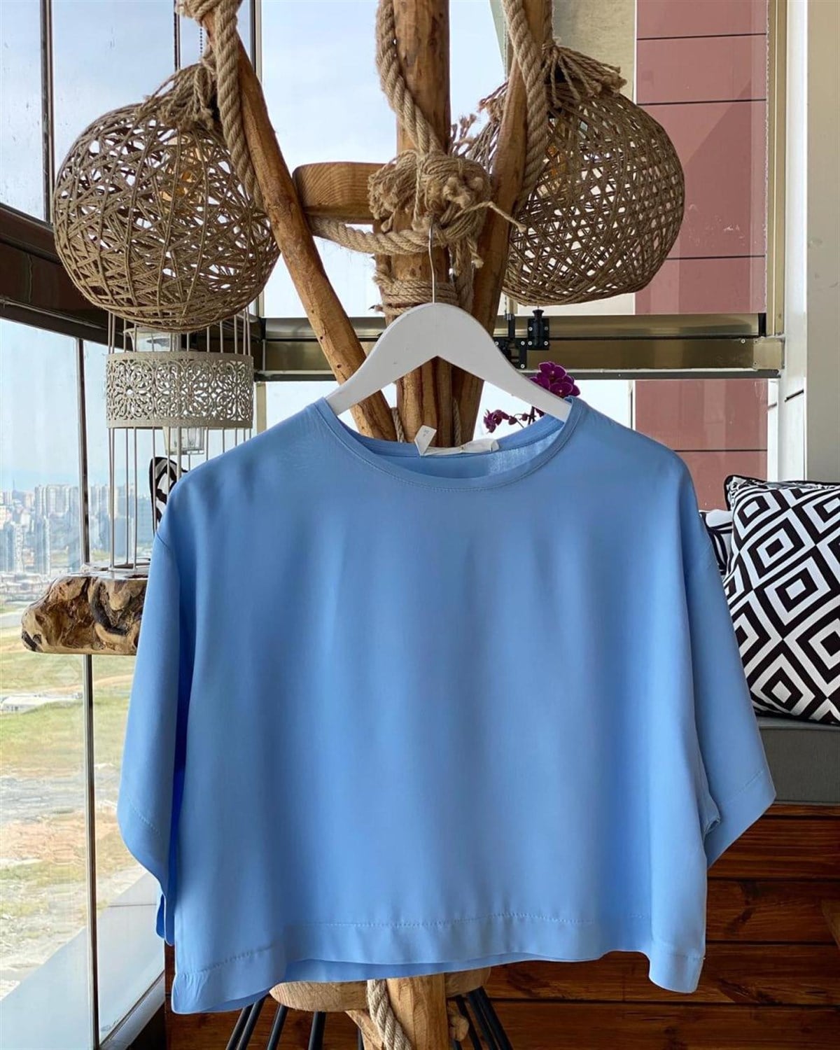 Poplin Kumaş Geniş Kol Bluz (BEBE MAVİSİ)