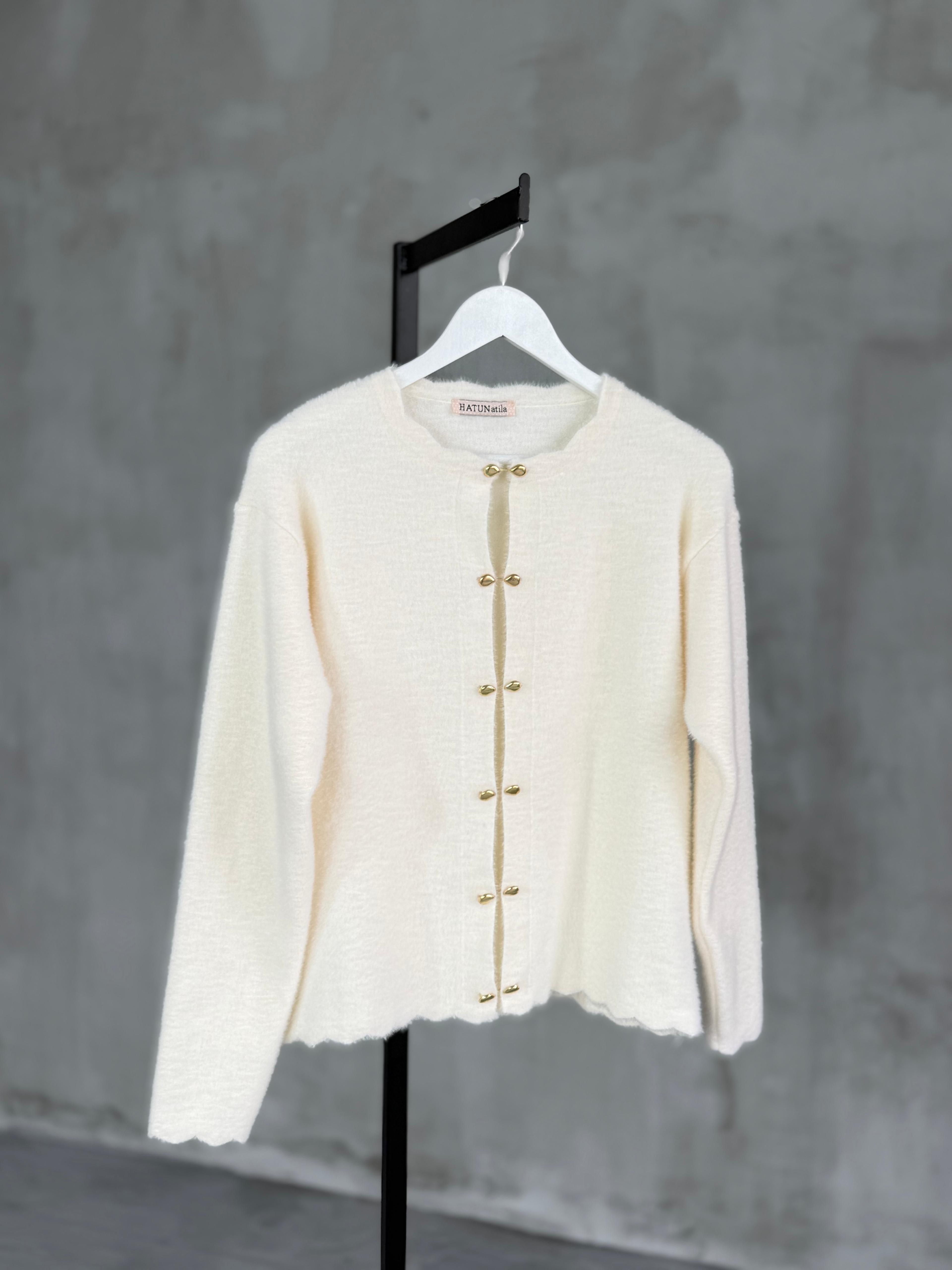 Premium Angora Gold Düğmeli Hırka (Ekru)