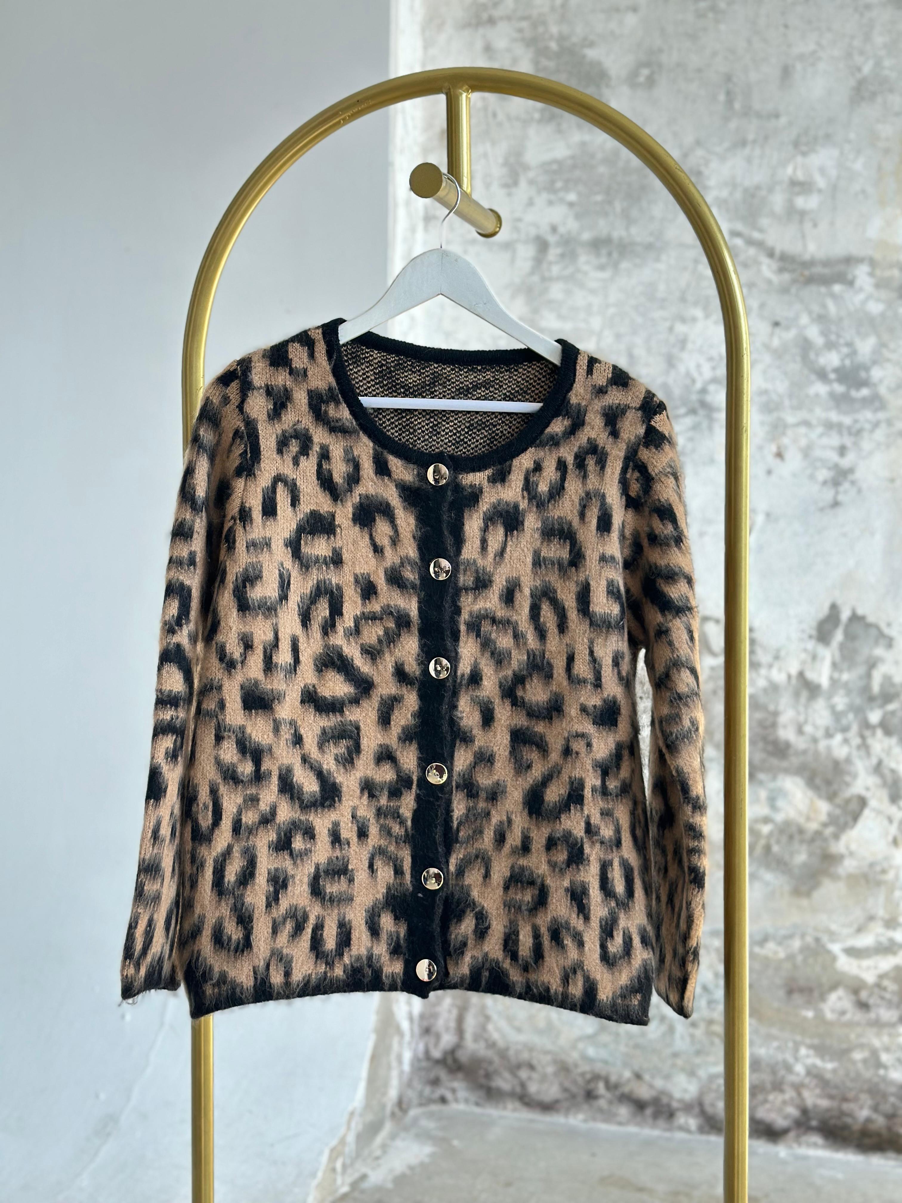 Premium Angora Yünlü Leopar Desen Hırka (Camel)