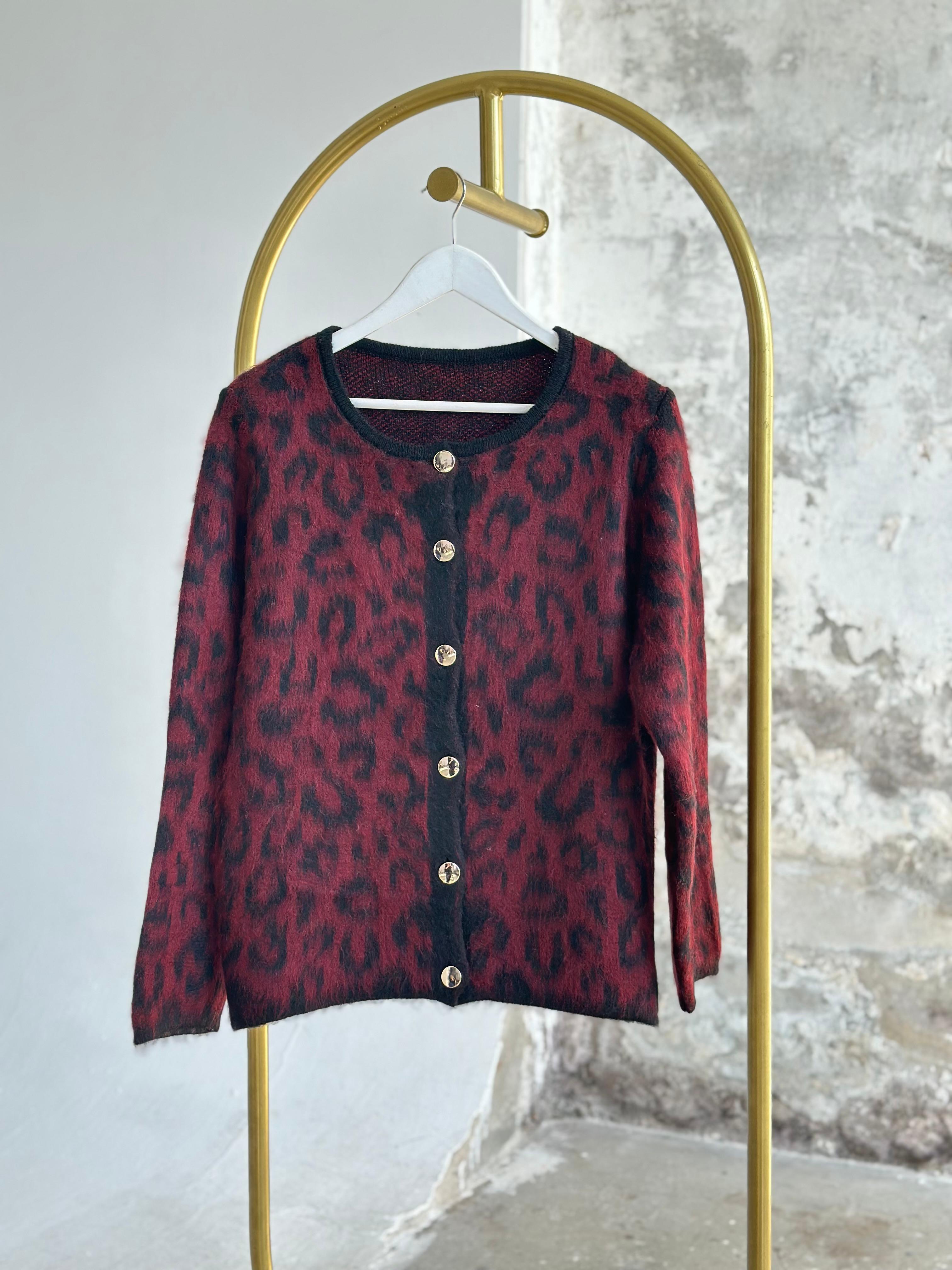 Premium Angora Yünlü Leopar Desen Hırka  (Bordo)