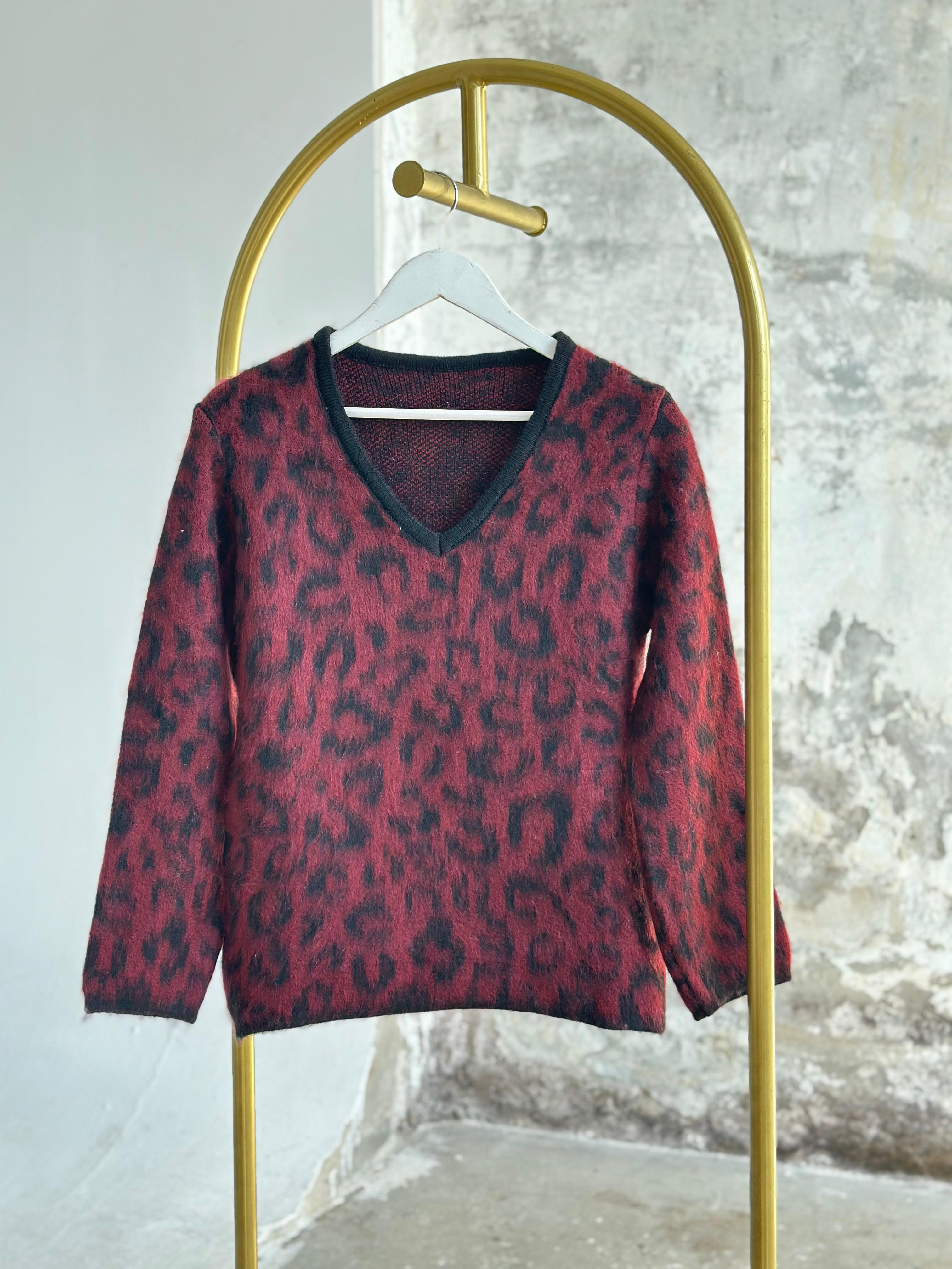 Premium Angora Yünlü Leopar Desen Kazak (Bordo)