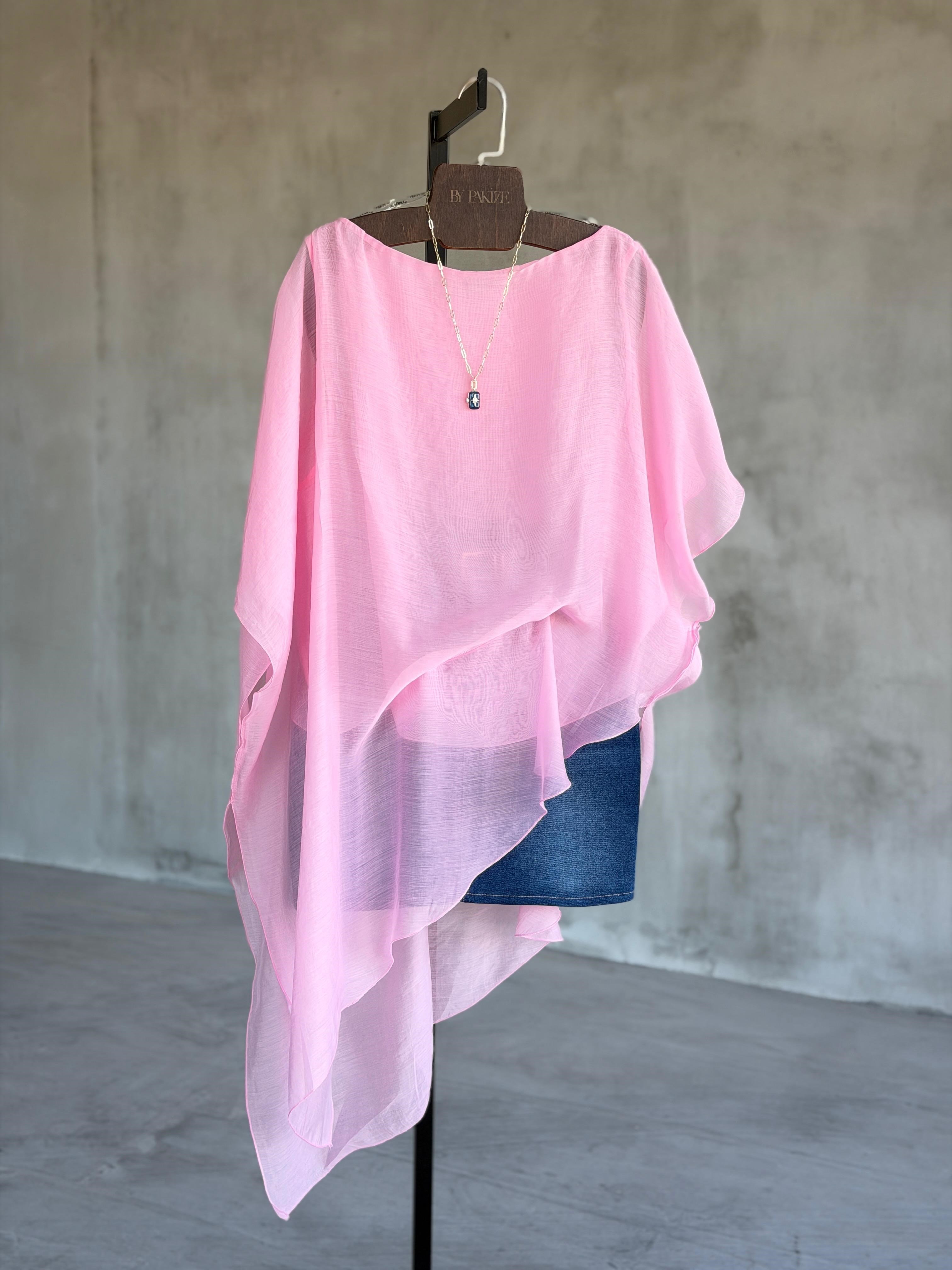 Premium Asimetrik Pelerin Bluz (Pembe)