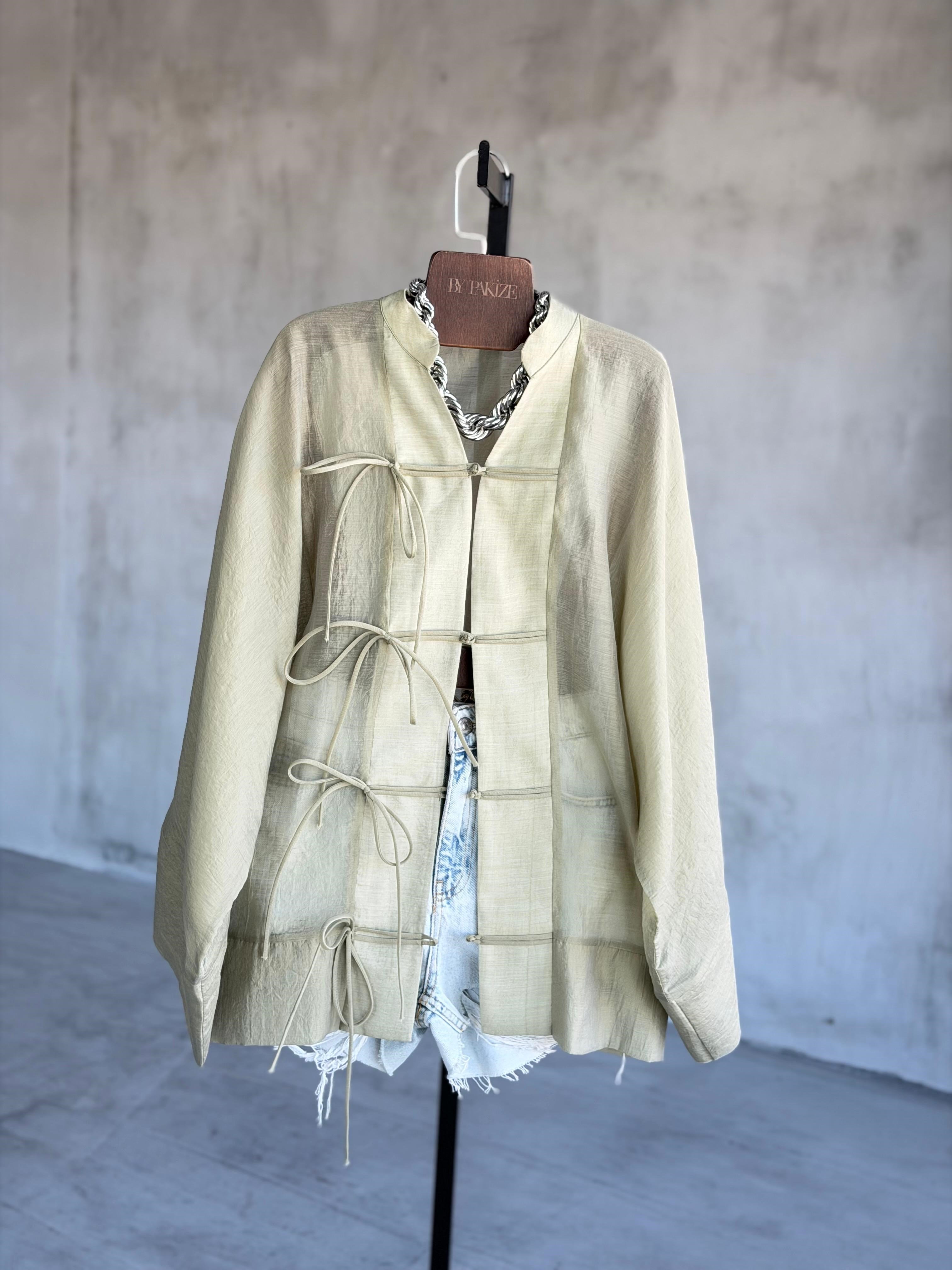 Premium Bağlama Detaylı Kimono Gömlek (Adaçayı Yeşili)