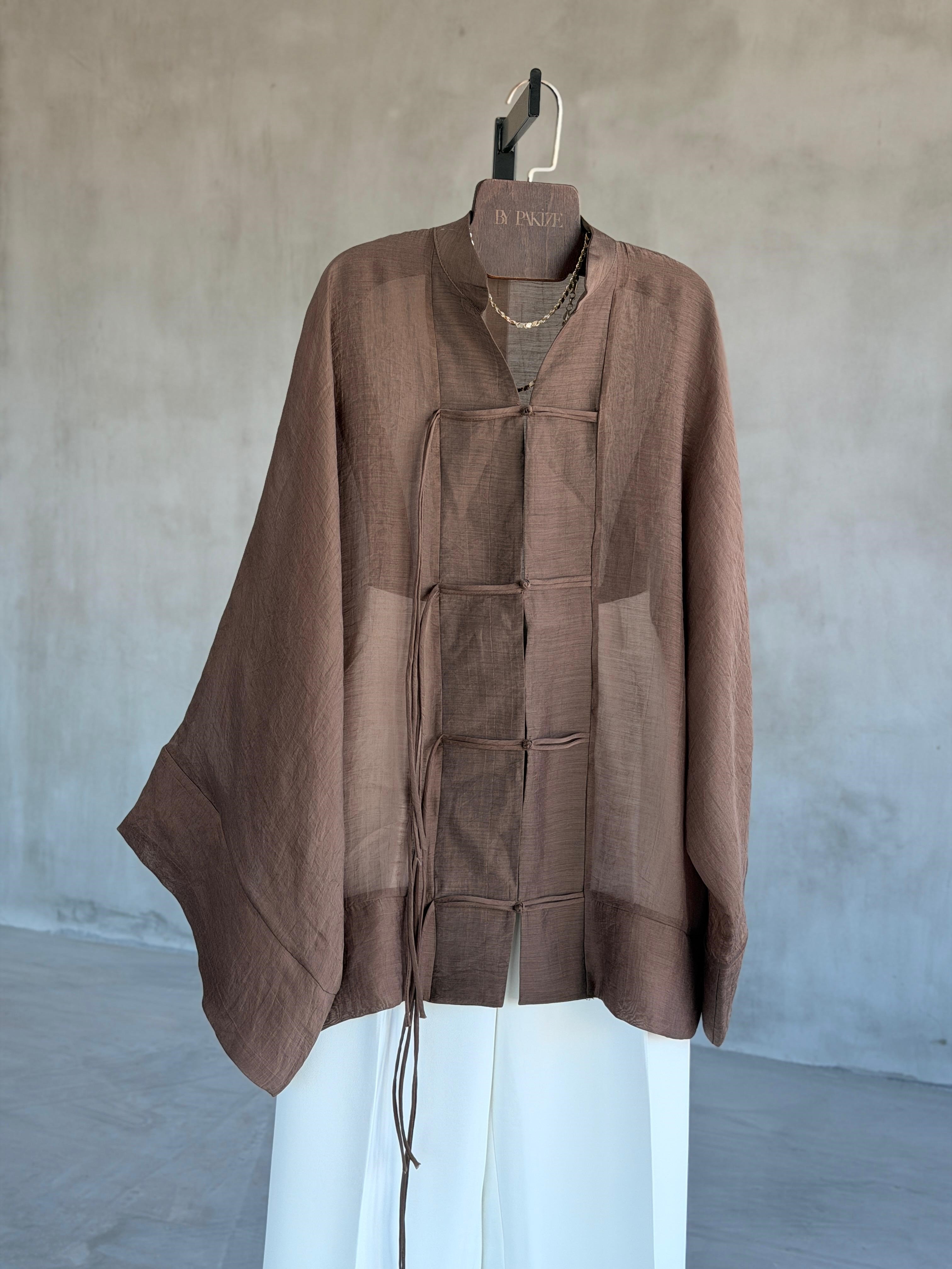 Premium Bağlama Detaylı Kimono Gömlek (Kahve)
