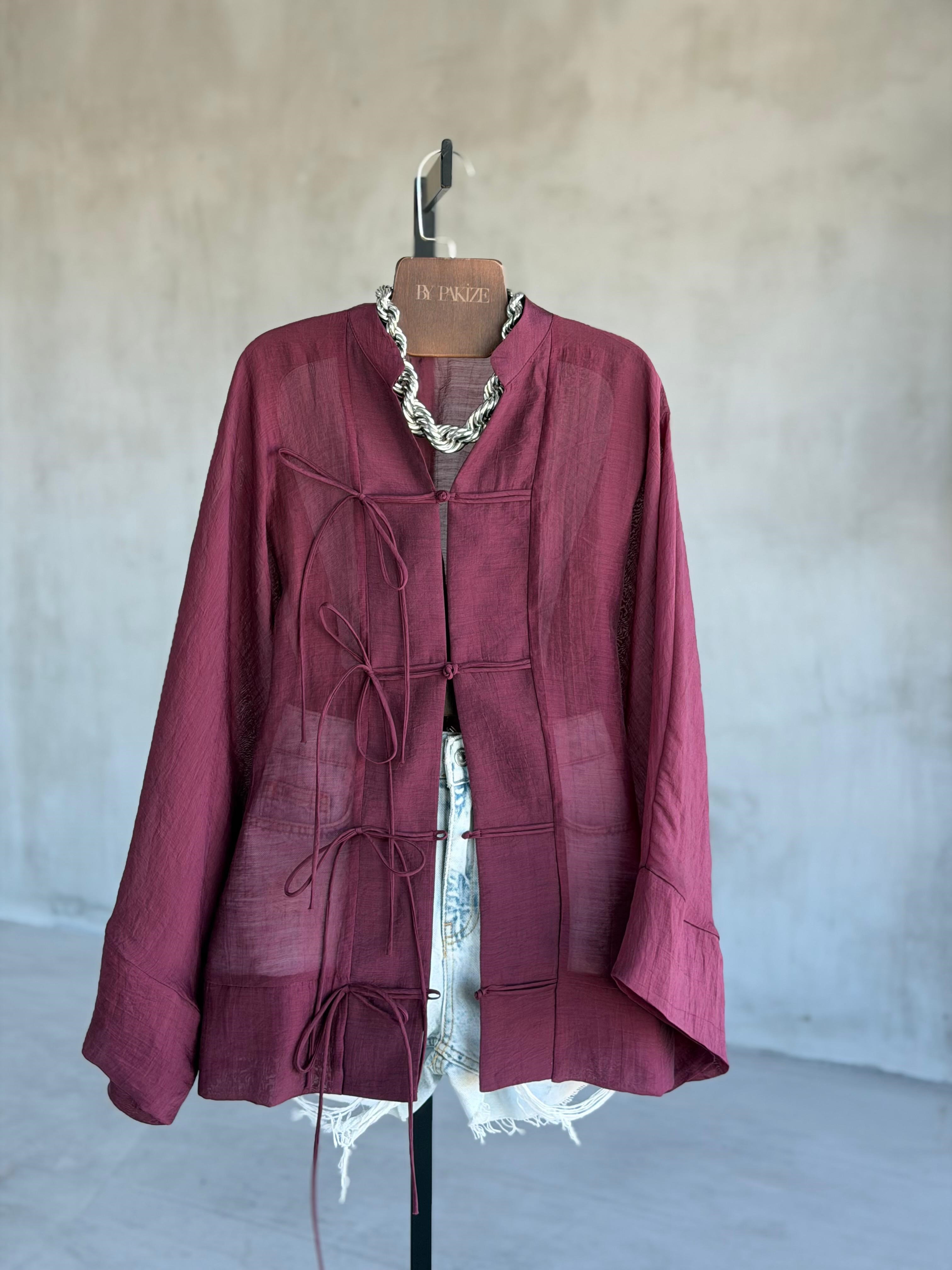 Premium Bağlama Detaylı Kimono Gömlek (Mürdüm)