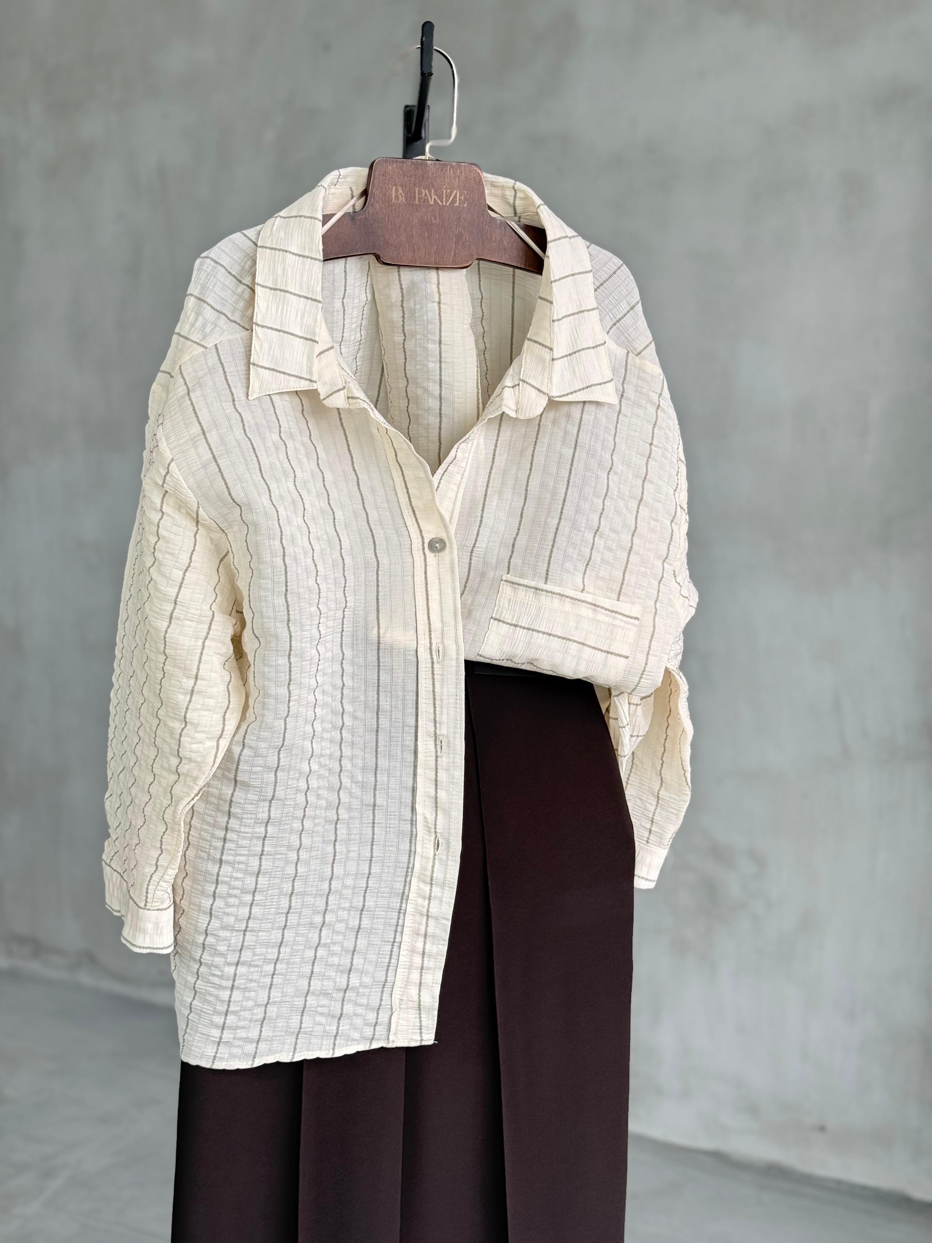 Premium Düşük Omuz Oversize Çizgili Gömlek (Ekru)