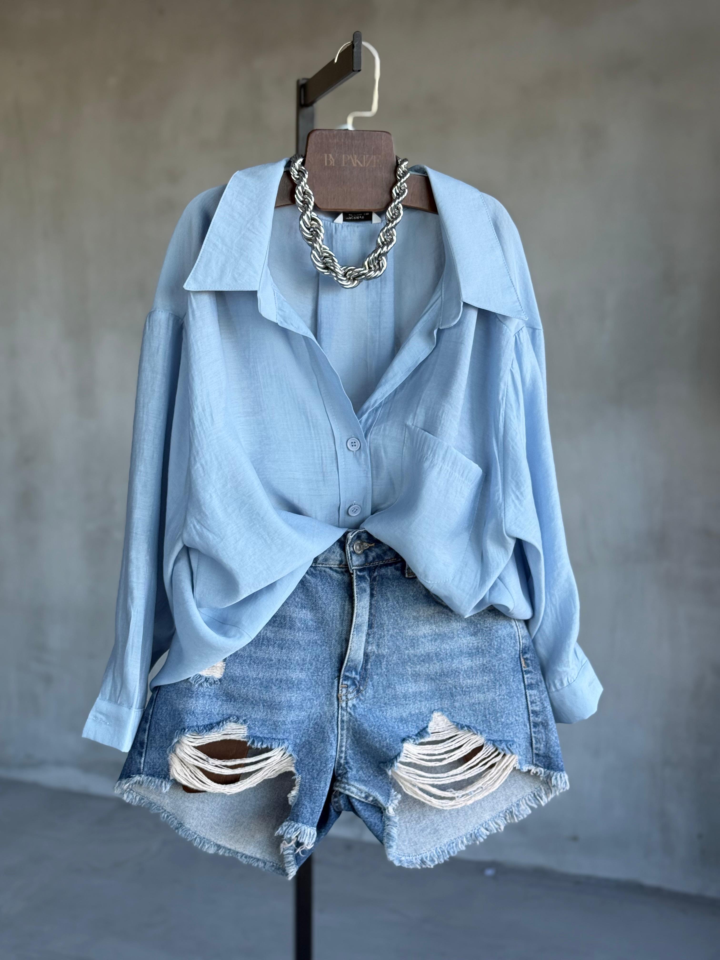 Premium Düşük Omuzlu Oversize Gömlek (Açık Mavi)