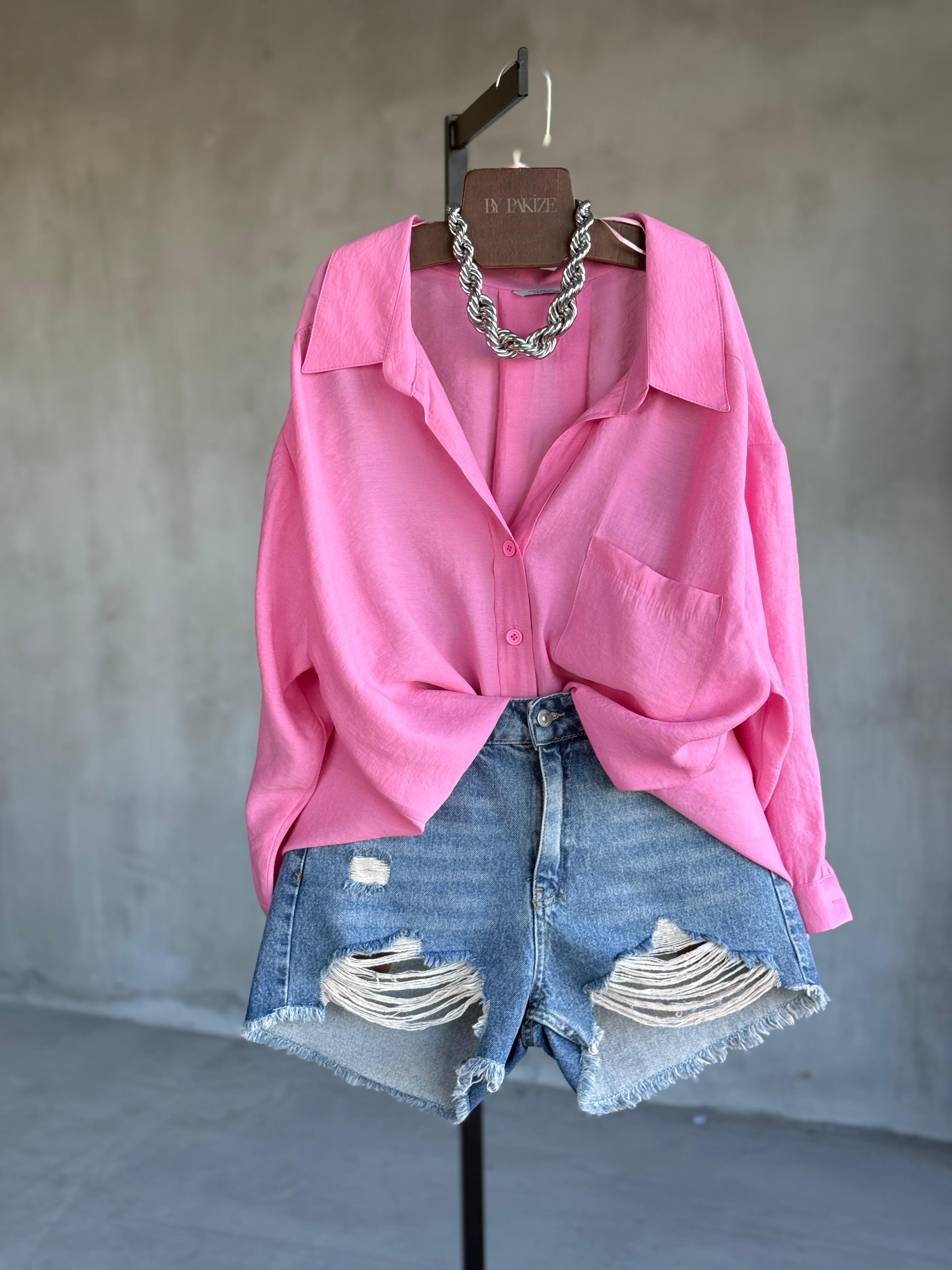 Premium Düşük Omuzlu Oversize Gömlek (Pembe)