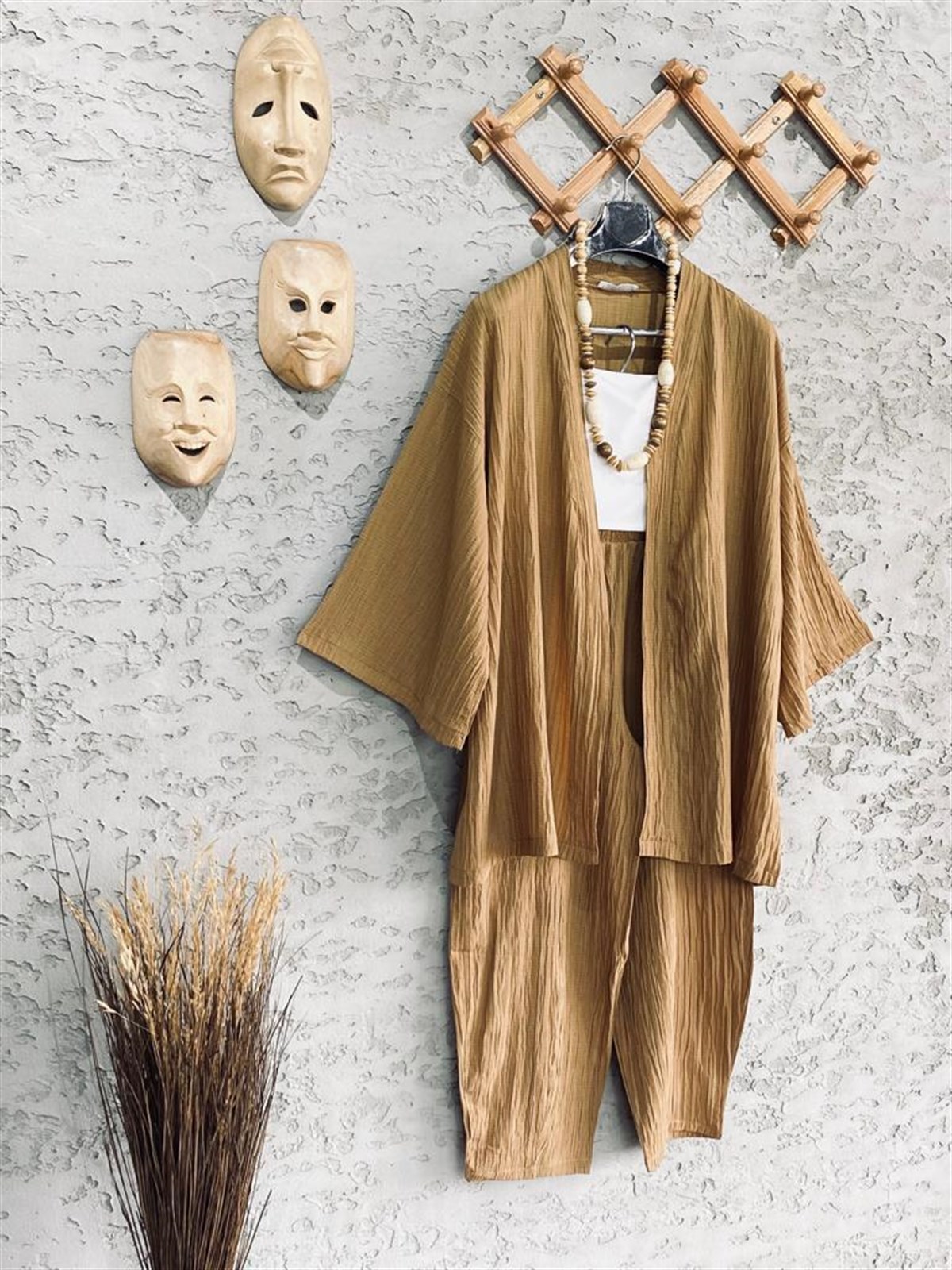 Premium Kalite Gofre Kimono Takım Camel