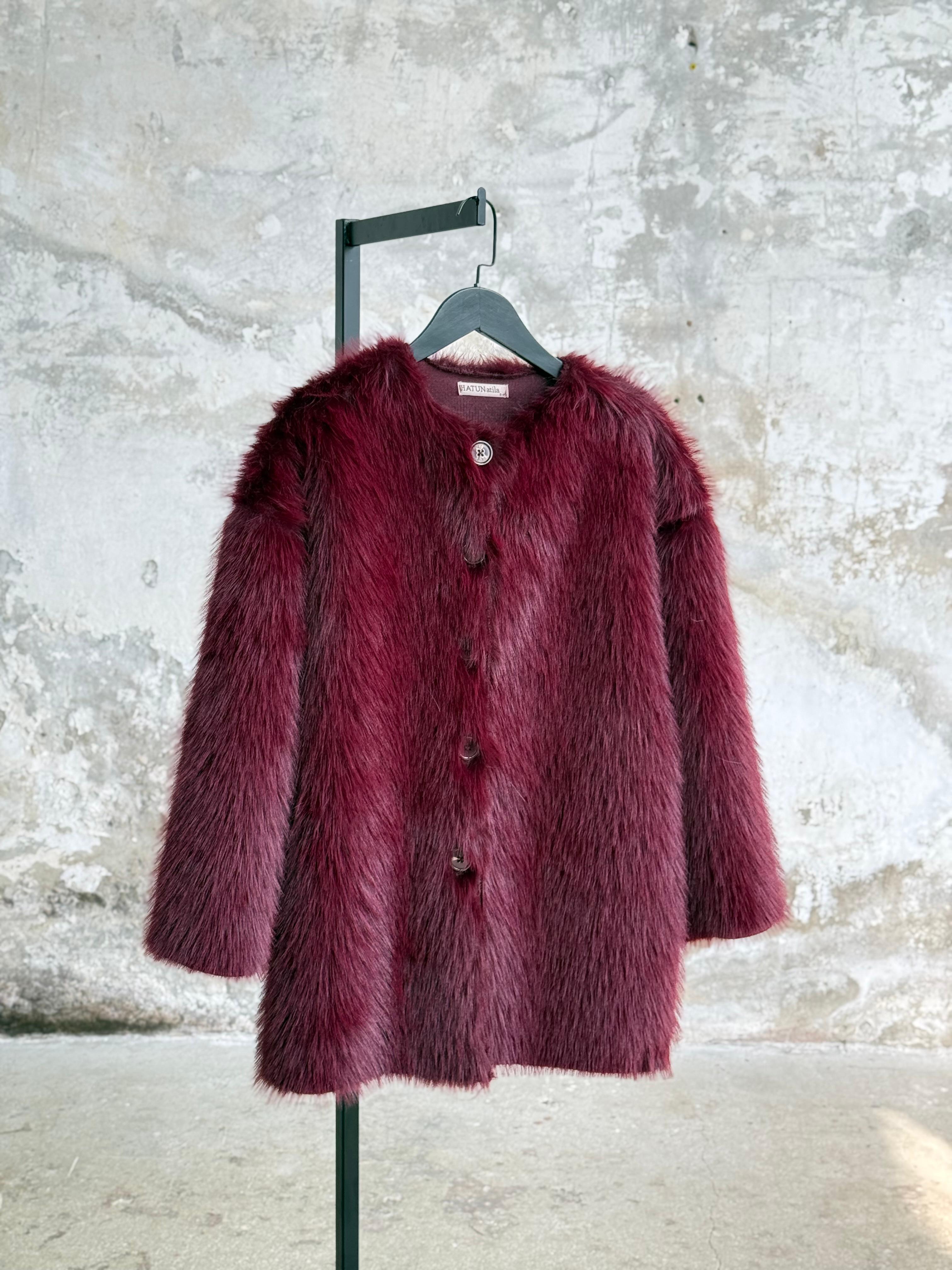 Premium Oversize Peluş Kürk Ceket (Bordo) 