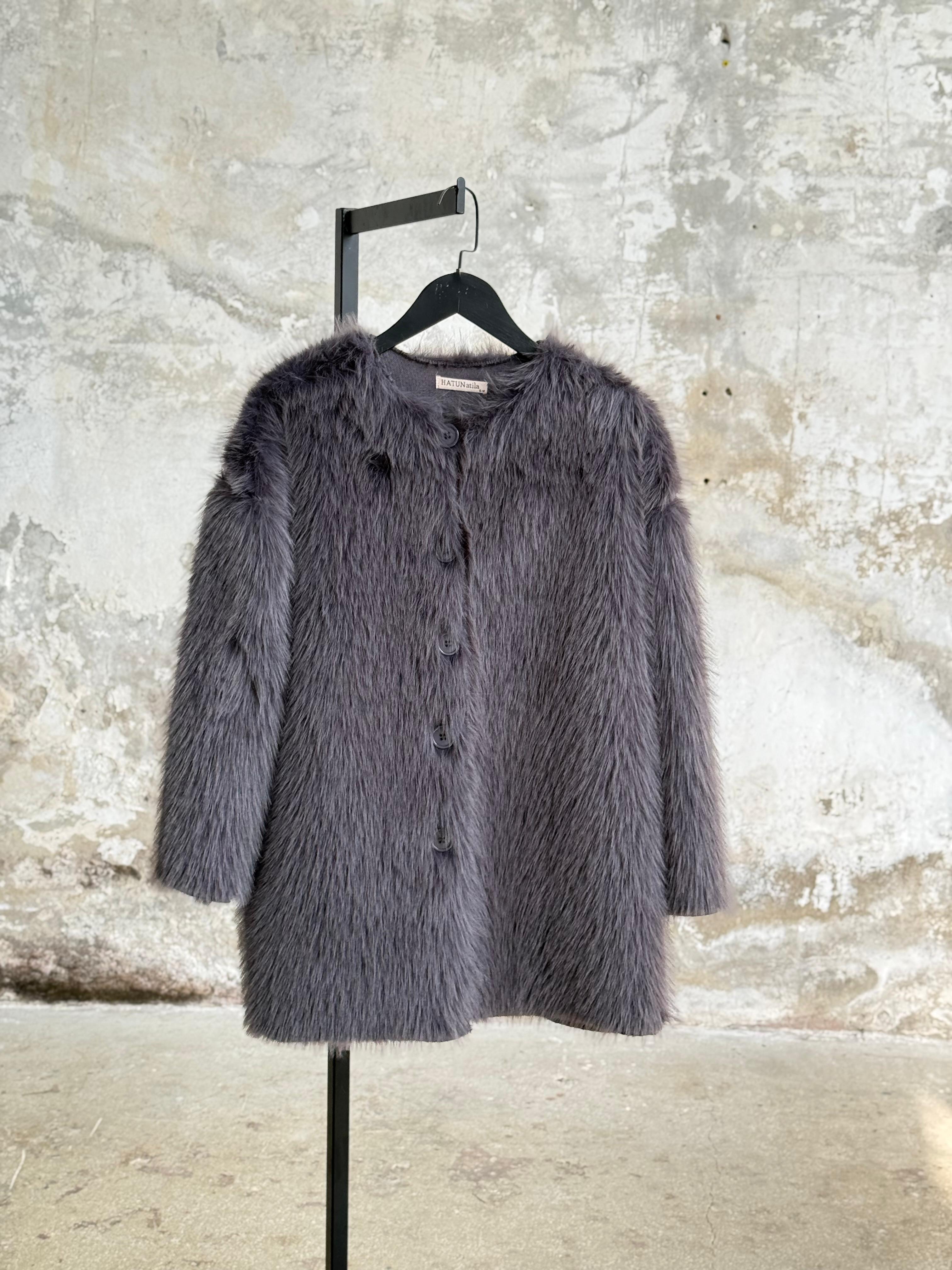 Premium Oversize Peluş Kürk Ceket (Gri)