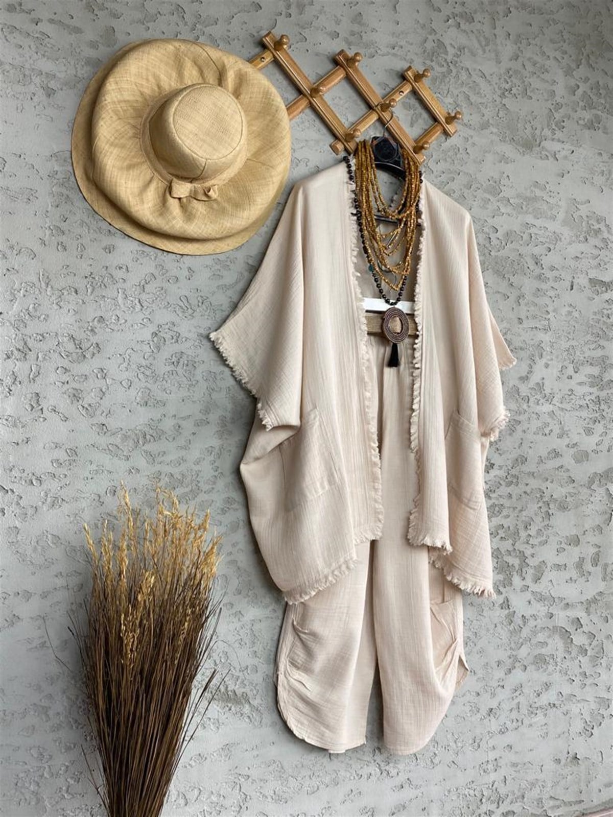 Püsküllü Kimono Pantolon Takım (Ekru)
