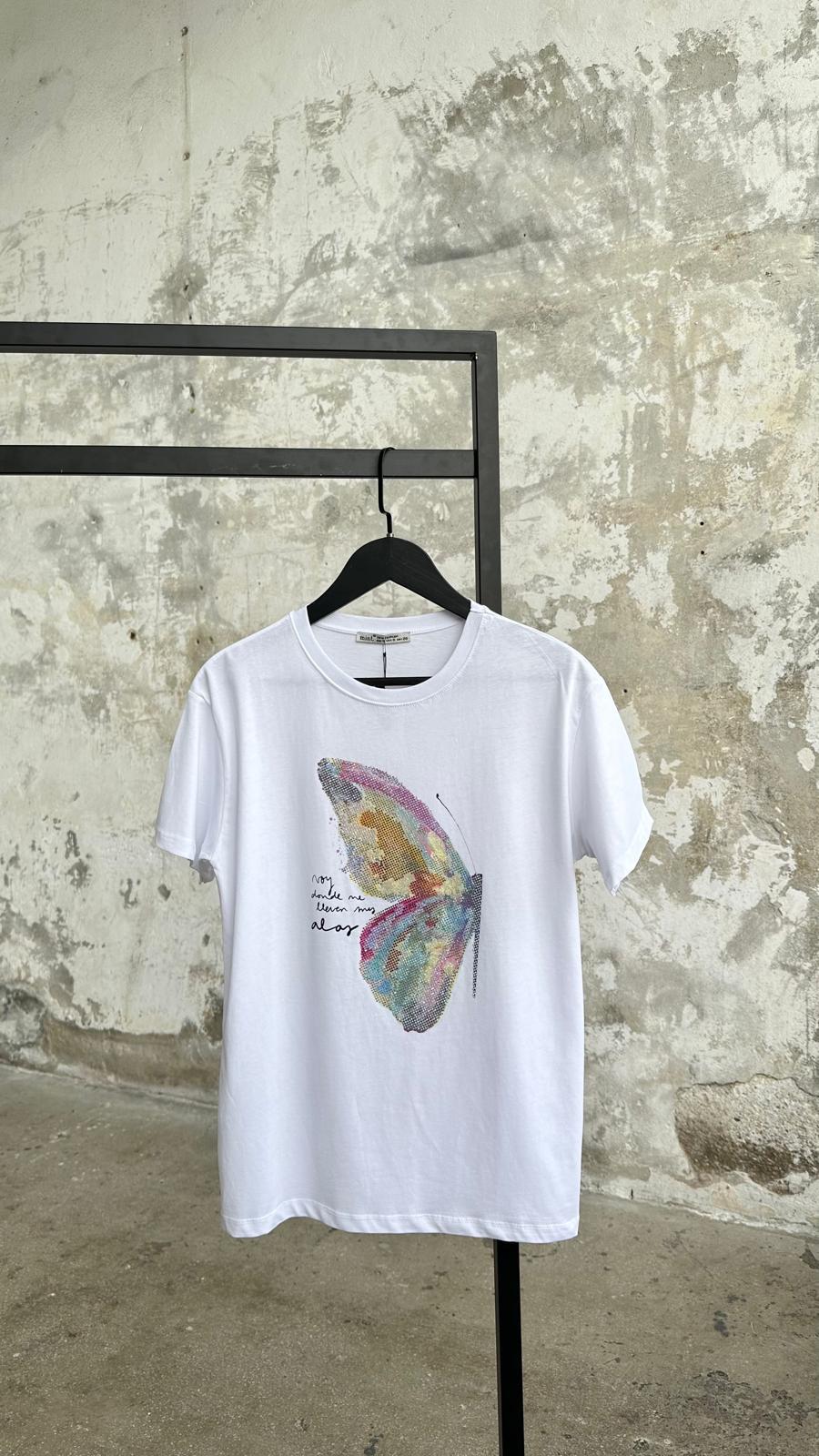Renk Geçişli Kristal Taş İşlemeli Kelebek Desen Tişört (Beyaz)