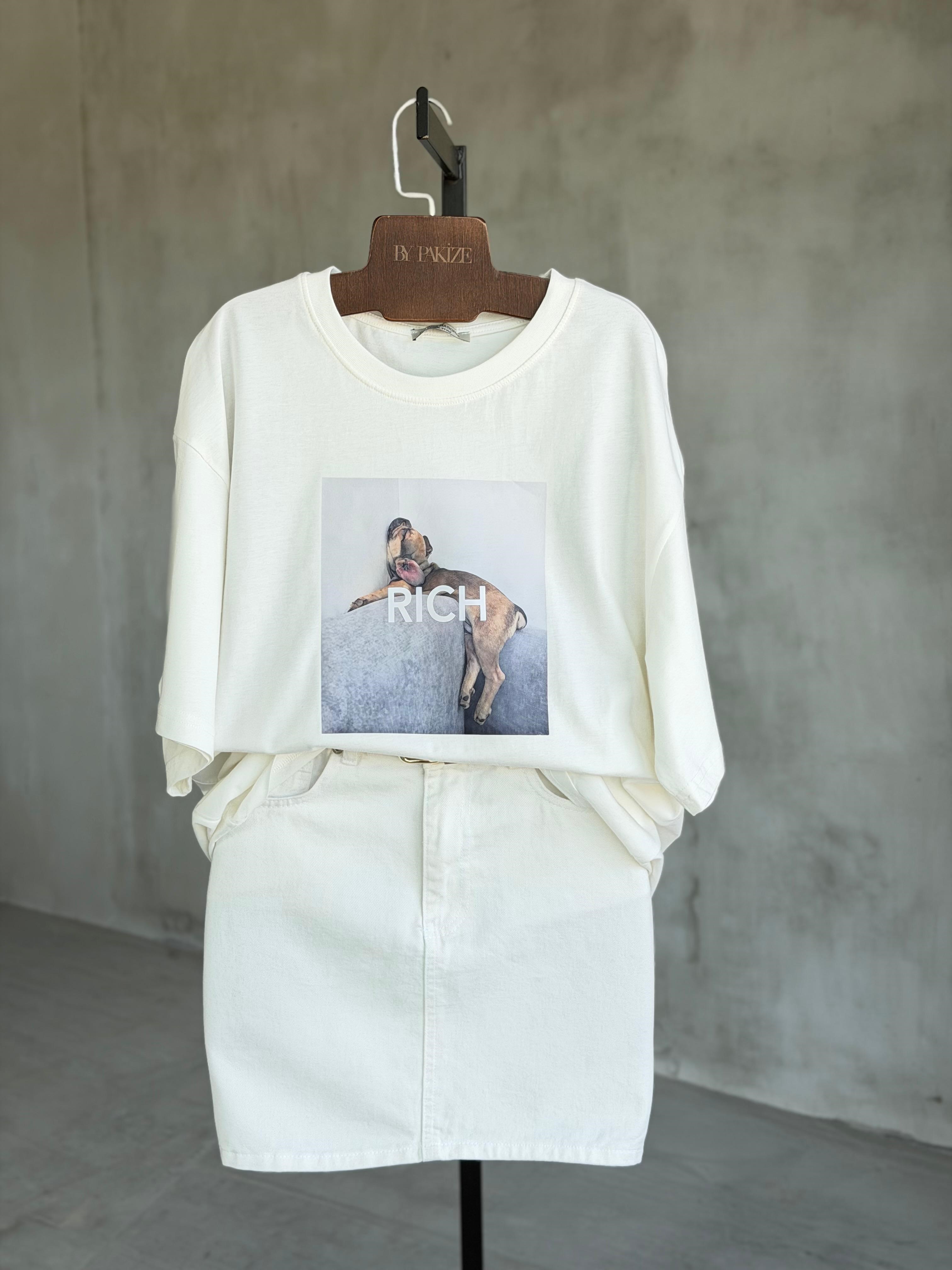 Rich Baskılı Oversize Tişört (Beyaz)