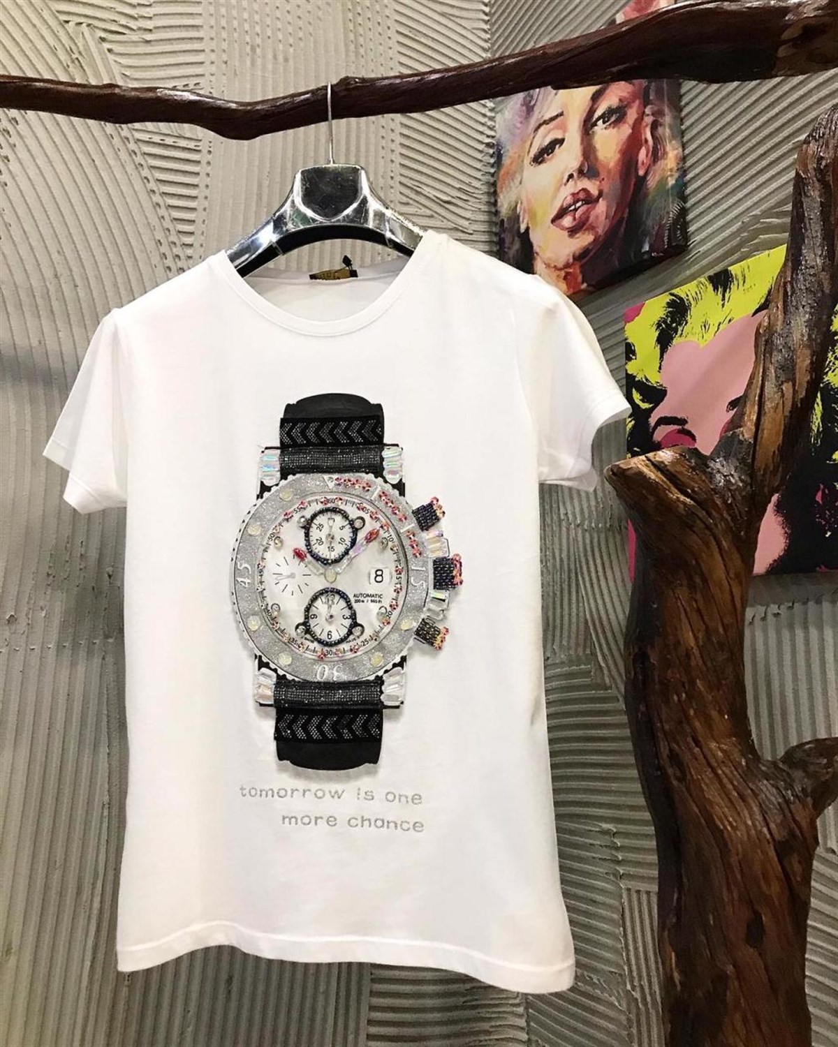 Saat Özel taş Payet Baskılı Tshirt
