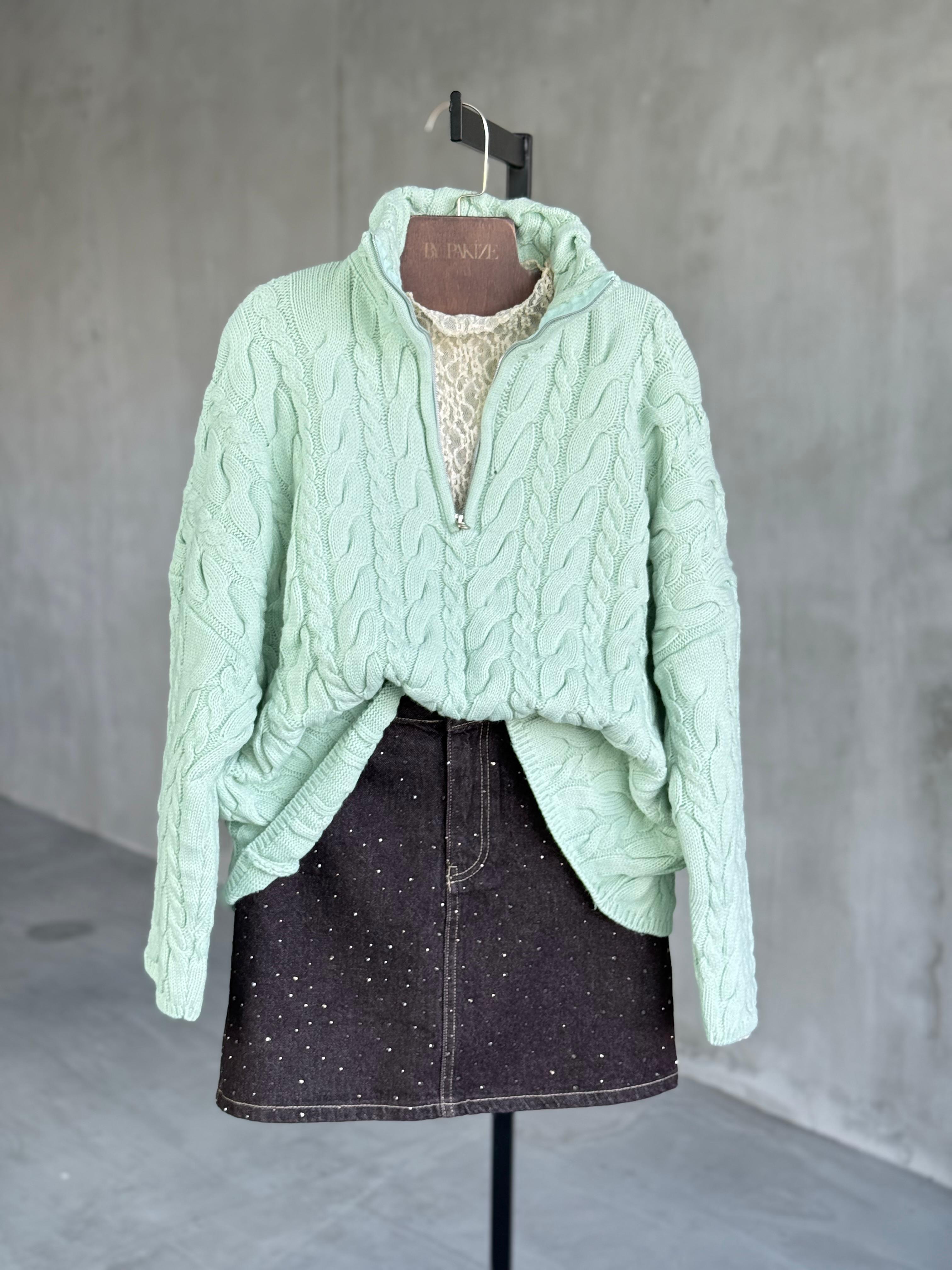 Saç Örgü Fermuarlı Oversize Kazak (Mint)