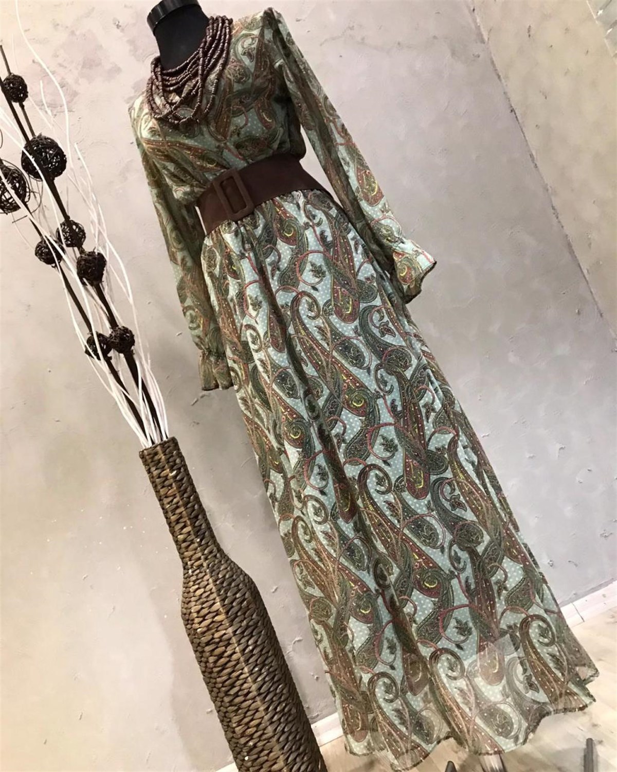 Şal Desen Şifon Kumaş Kruvaze Yaka Elbise (YEŞİL)