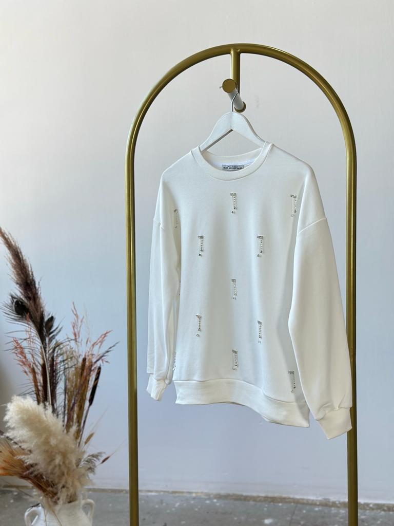 Salkım Kristal Taş İşçilikli Sweat (Beyaz)