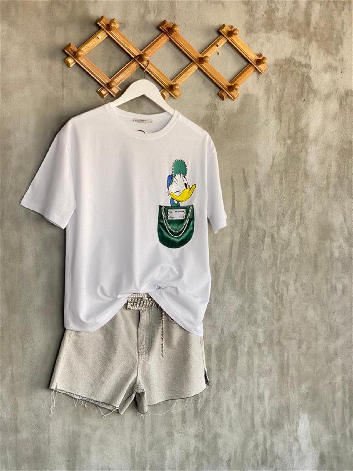 Saten Cep Taş İşlemeli Daffy Duck Kadın Tişört (Beyaz)