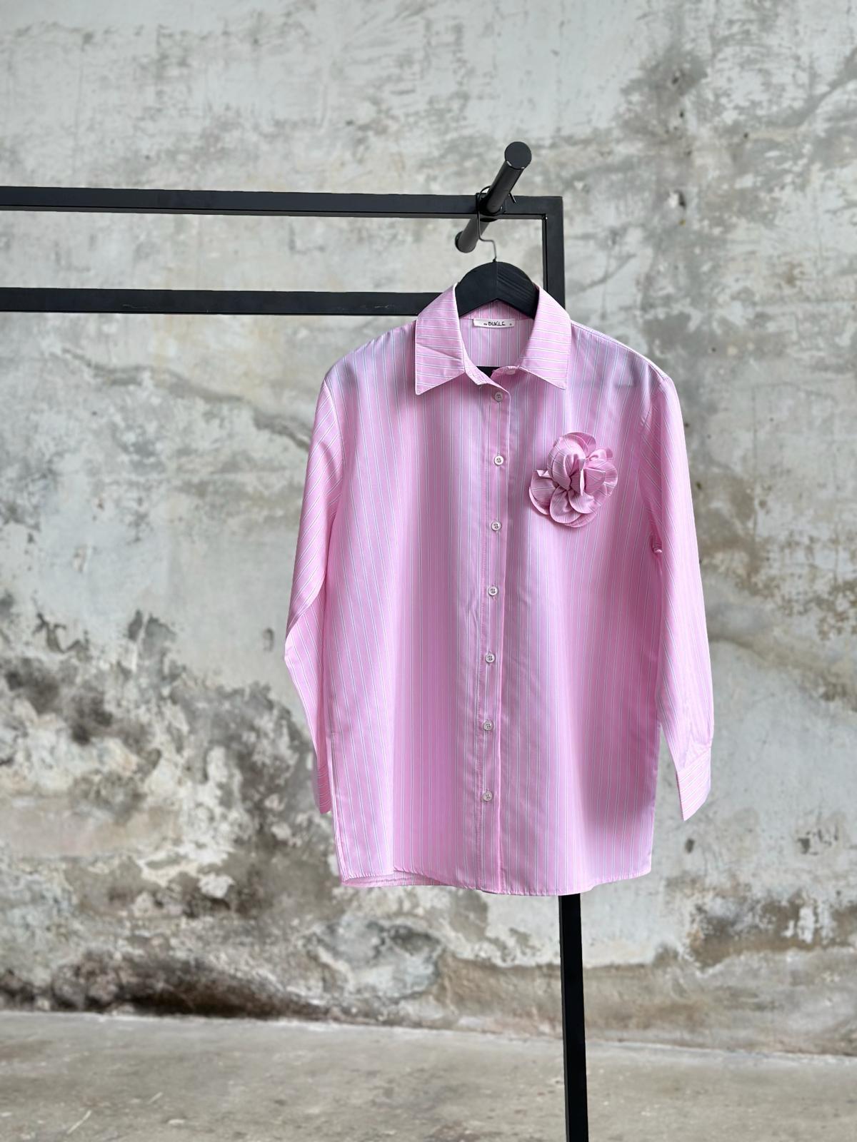 Seyyar Güllü Çizgili Kadın Gömlek (Pembe)