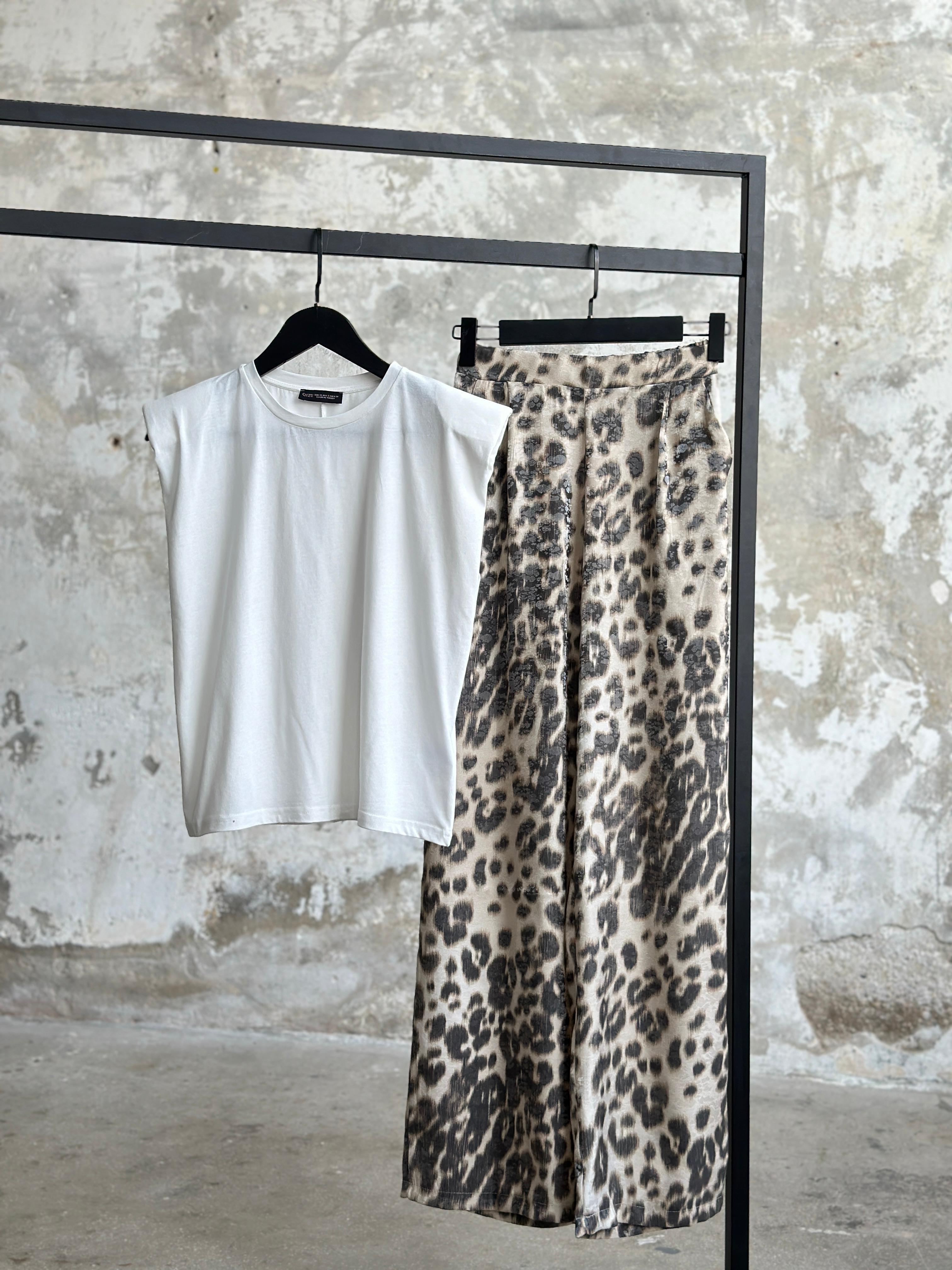 Sim Geçişli Leopar Desenli Pantolon (Taş)