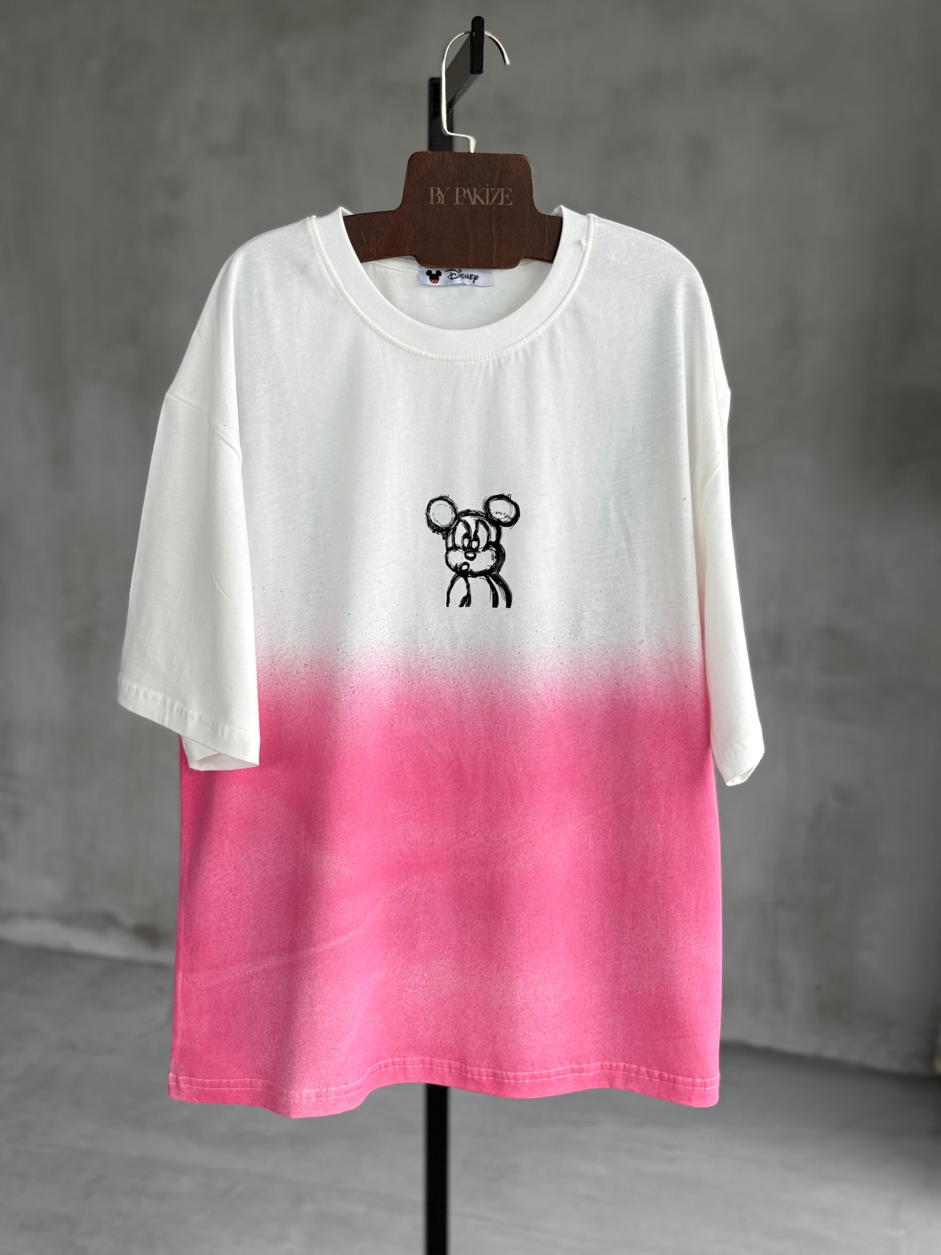 Sırt Baskı Detaylı Taş Yıkama Oversize Tişört (Pembe)