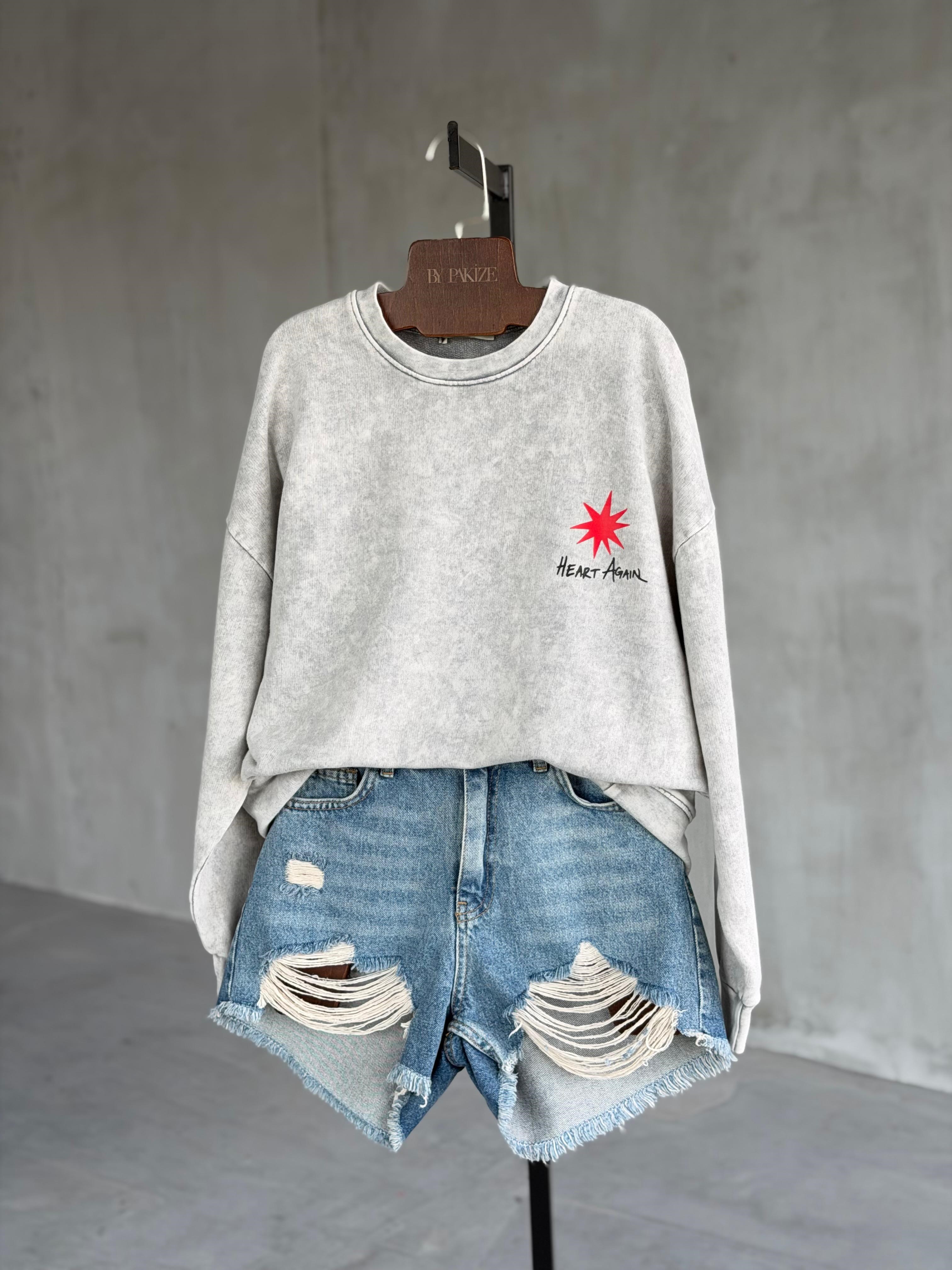 Sırt ve Kol Baskılı Tasarım Taş Yıkama Sweatshirt (Gri)