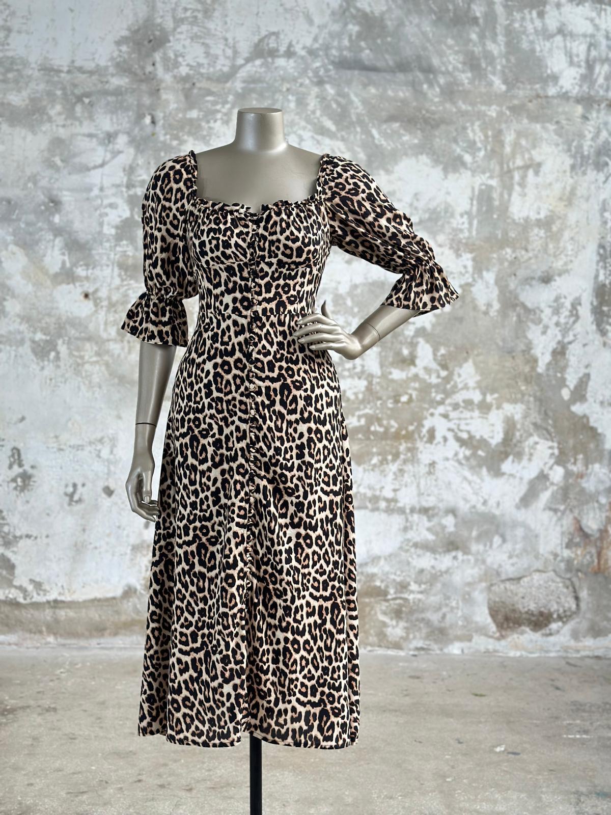 Sırtı Gipeli Leopar Desen Kadın Elbise (Siyah)