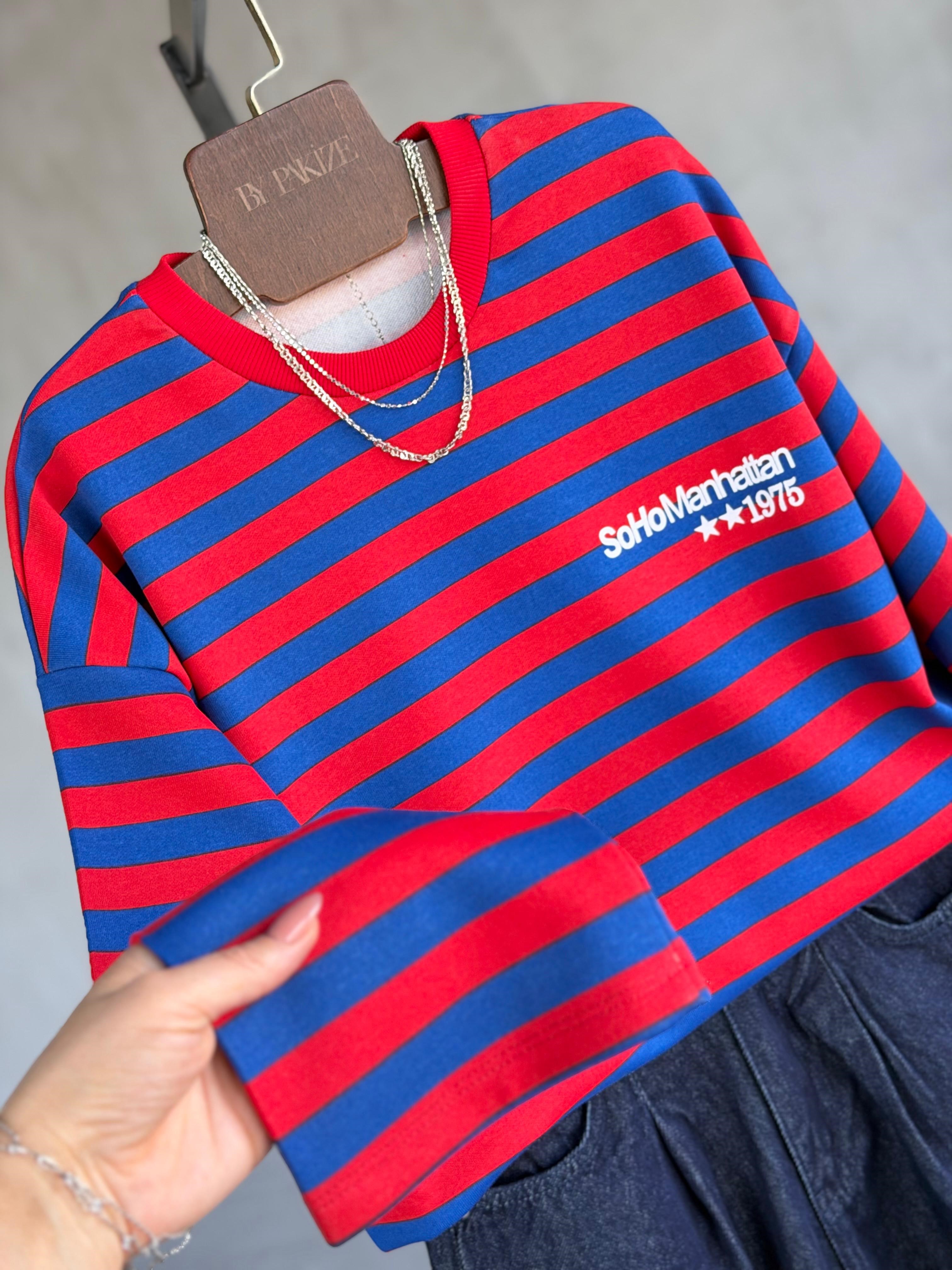 SoHo Manhattan Sırt Yıldız ve Yazı Baskılı Çizgili Sweatshirt(Sax-Kırmızı)